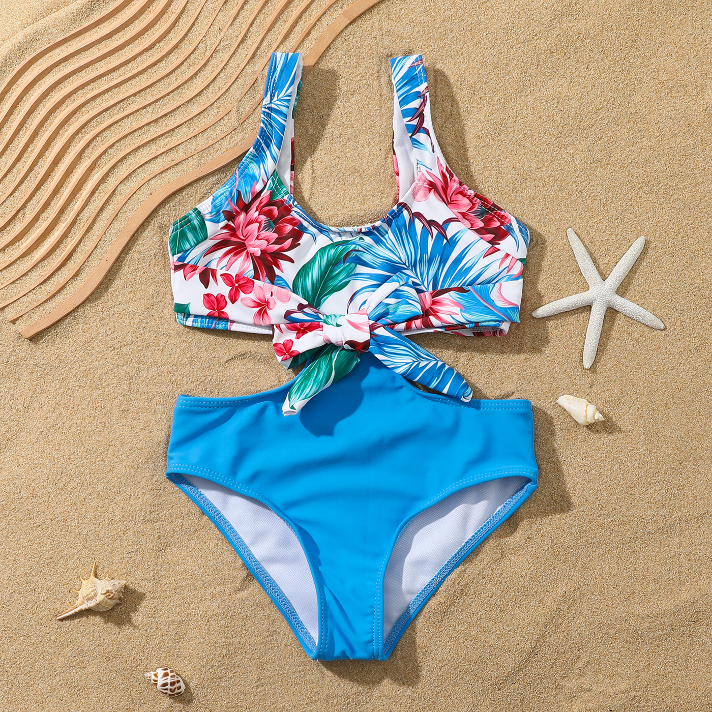

Toddler Girl Floral Print Tie Knot Design Onepiece Swimsuit