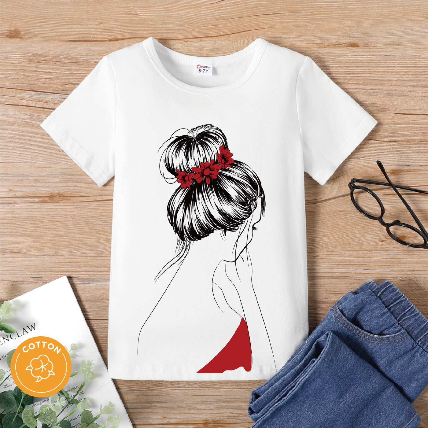 

Kid Girl 95% Cotton Figure Print Short-sleeve White Tee