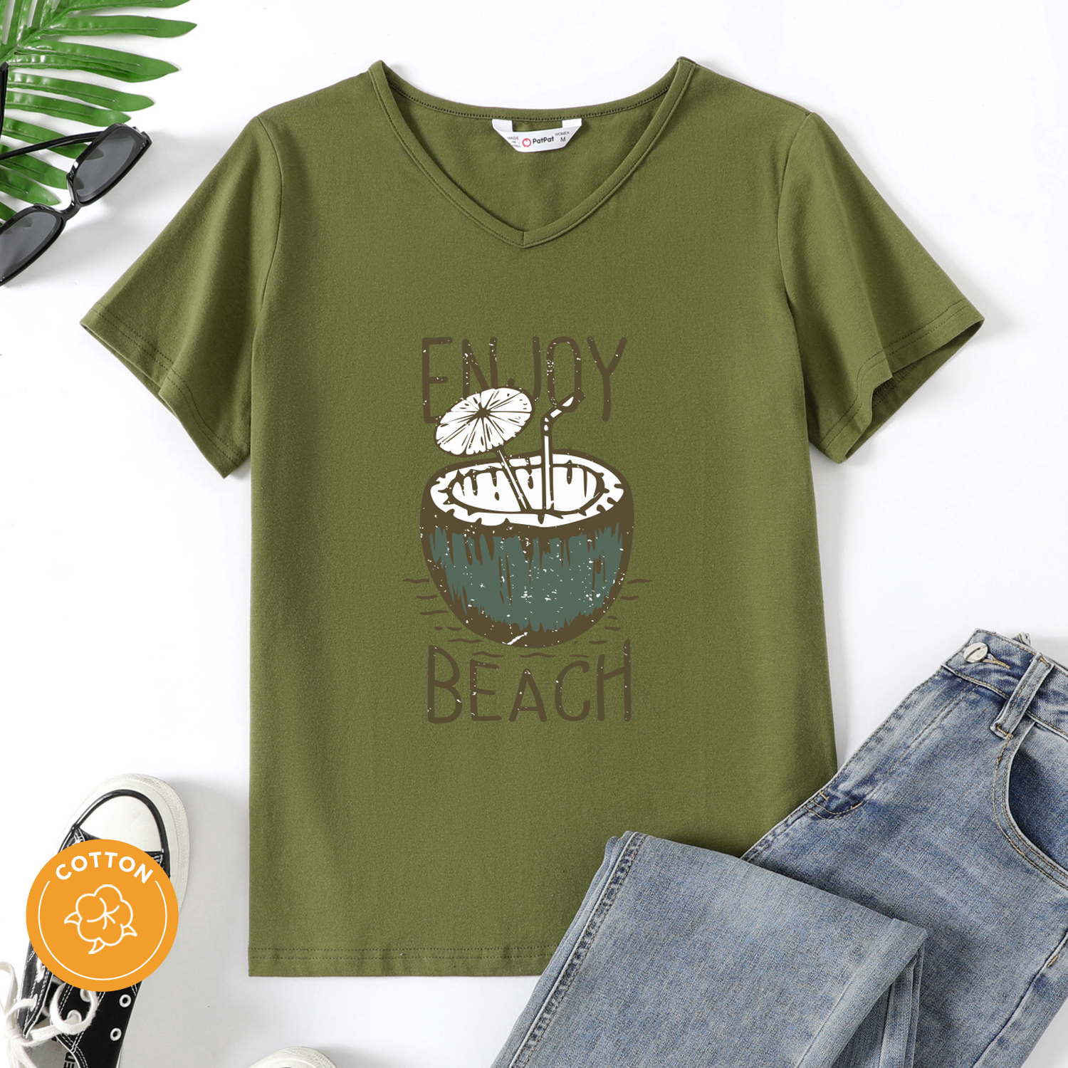 

Women Graphic Coconut Letter Print V Neck Short-sleeve T-shirt