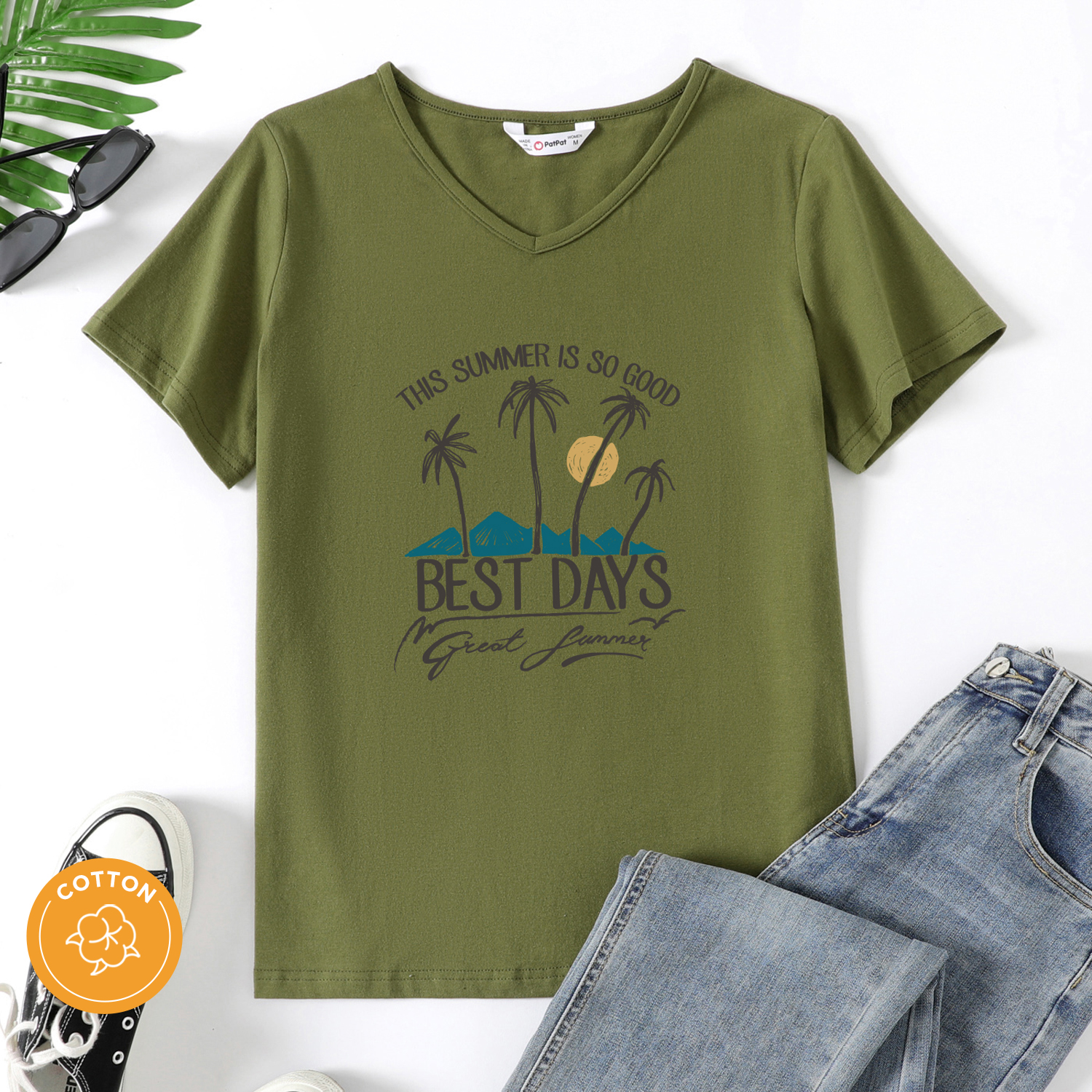 

Women Graphic Coconut Tree Letter Print V Neck Short-sleeve T-shirt