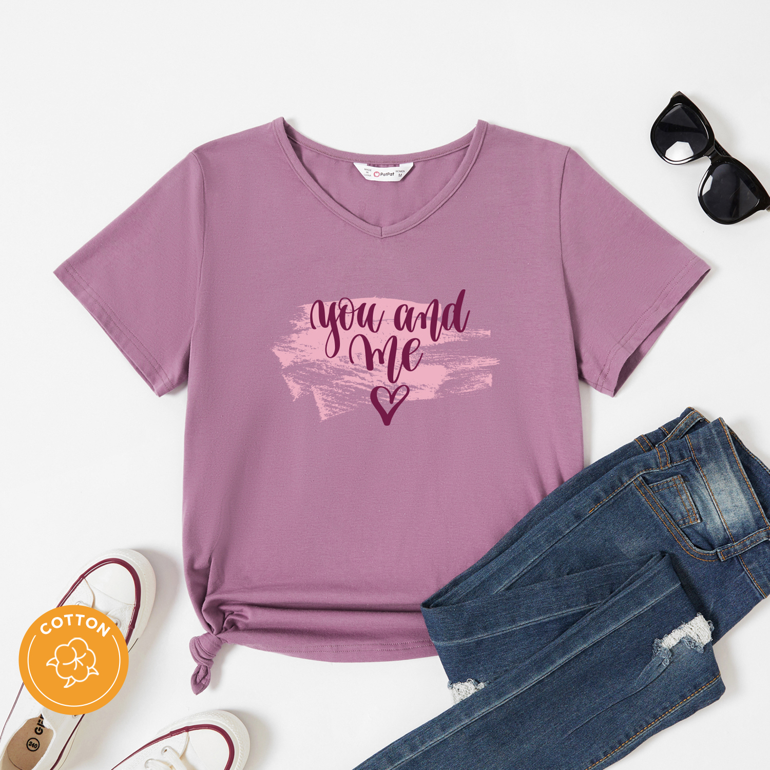 

Women Graphic Love Heart Letter Print V Neck Short-sleeve T-shirt