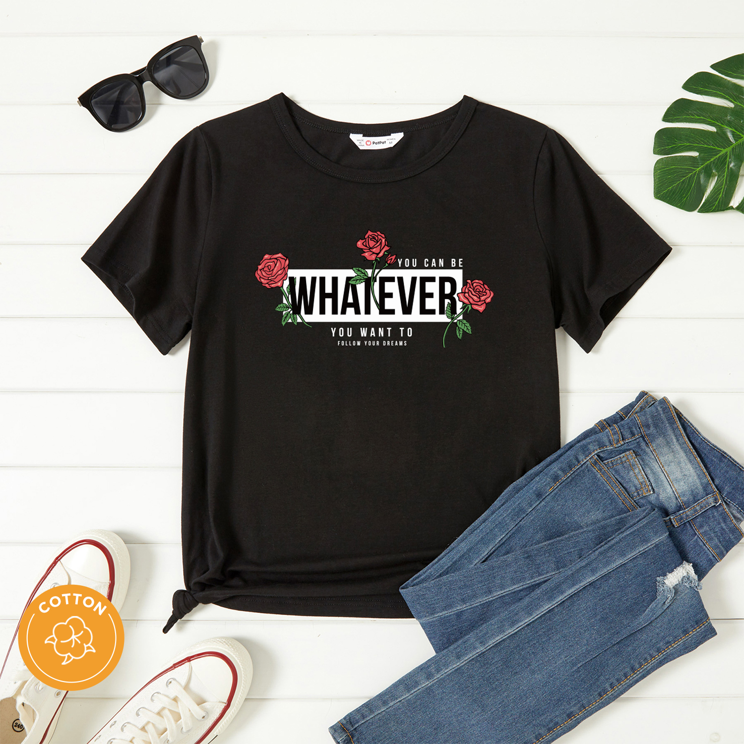 

Women Graphic Floral Letter Print Round Neck Short-sleeve T-shirt