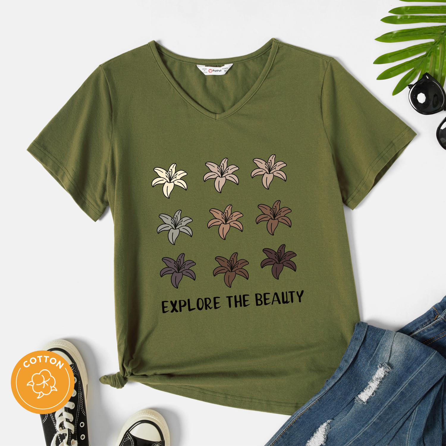 

Women Graphic Floral Letter Print V Neck Short-sleeve T-shirt