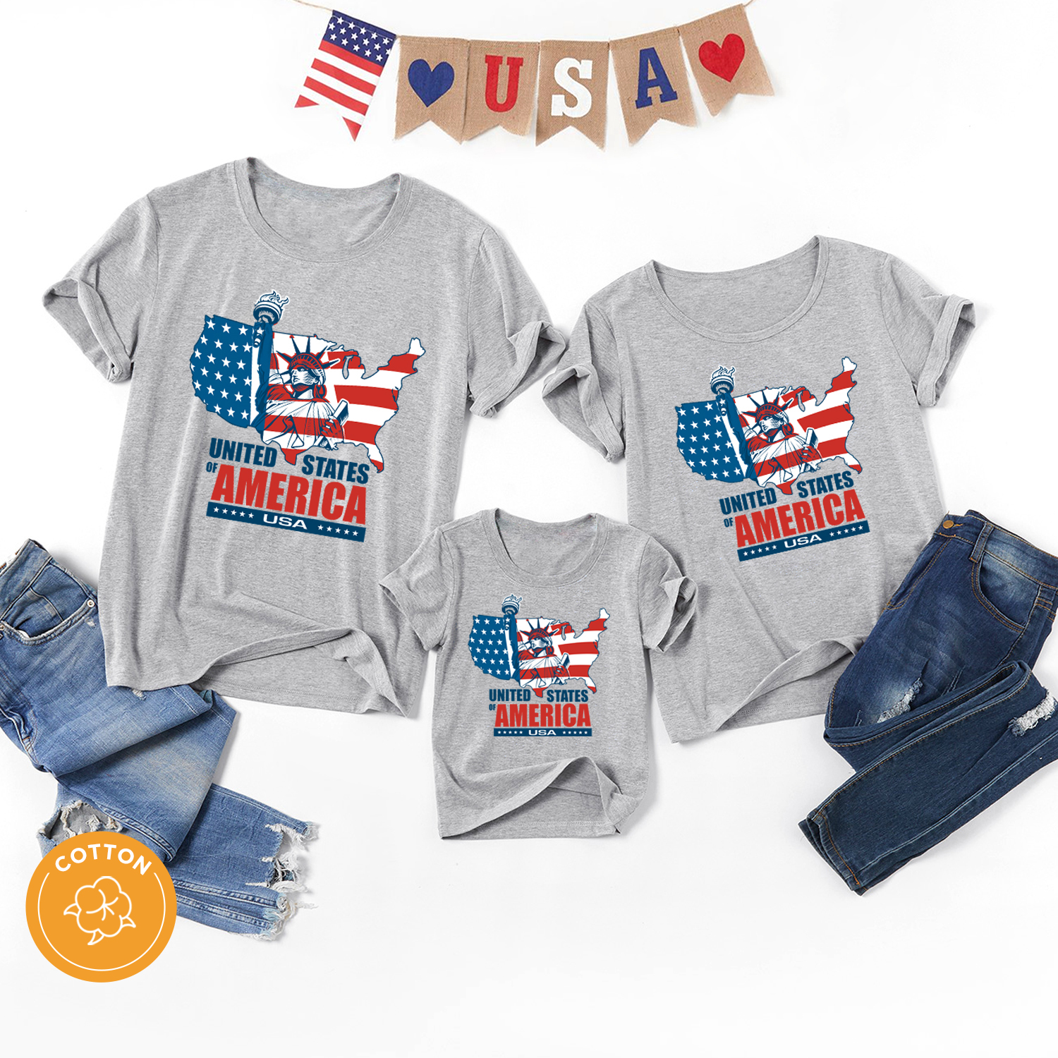 

Family Matching Cotton Short-sleeve American Flag Letter Print Grey T-shirts