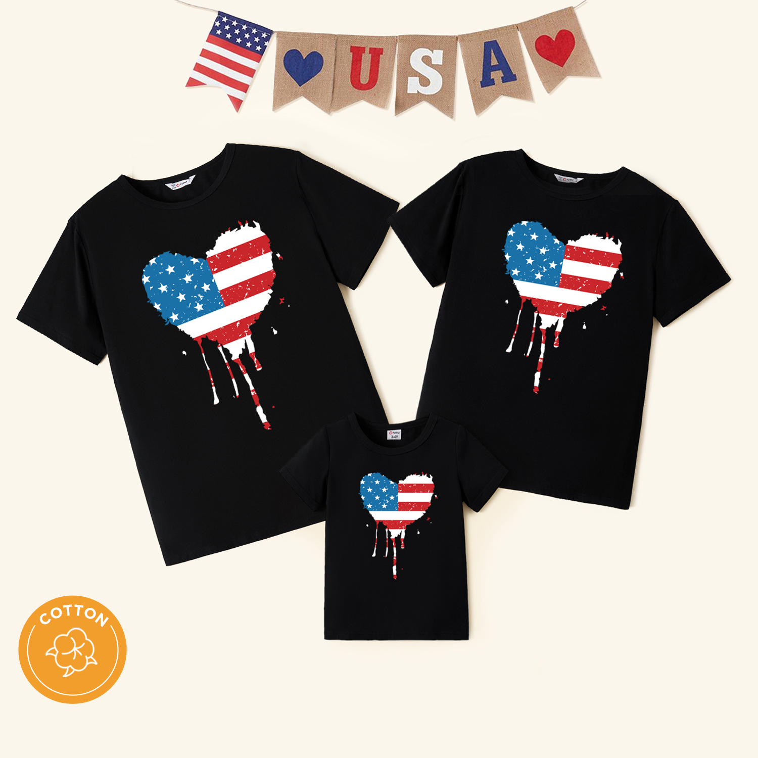 

Family Matching Cotton Short-sleeve Stars Striped Love Heart Print Black T-shirts
