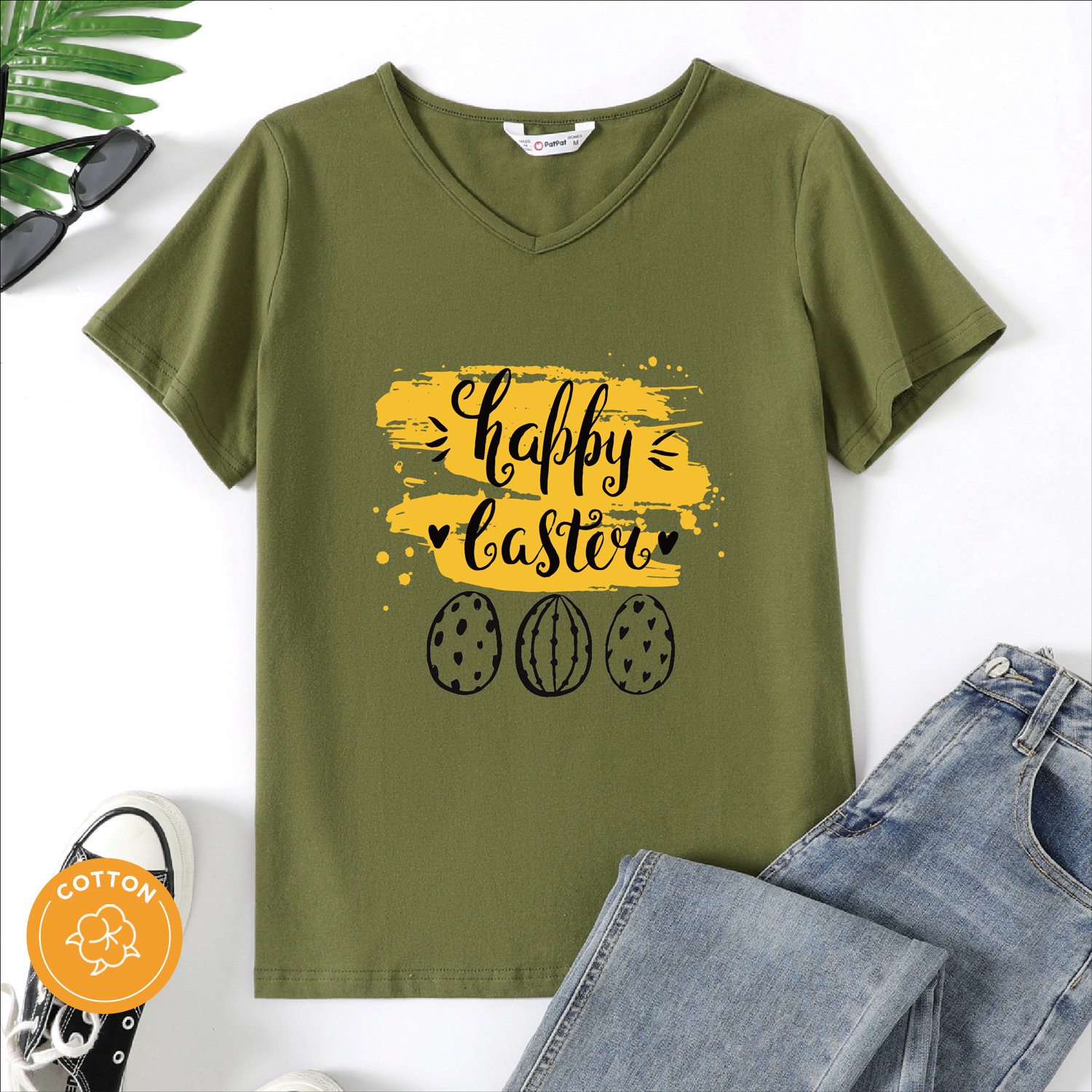 

Women Happy Easter Letter Print V Neck Short-sleeve T-shirt