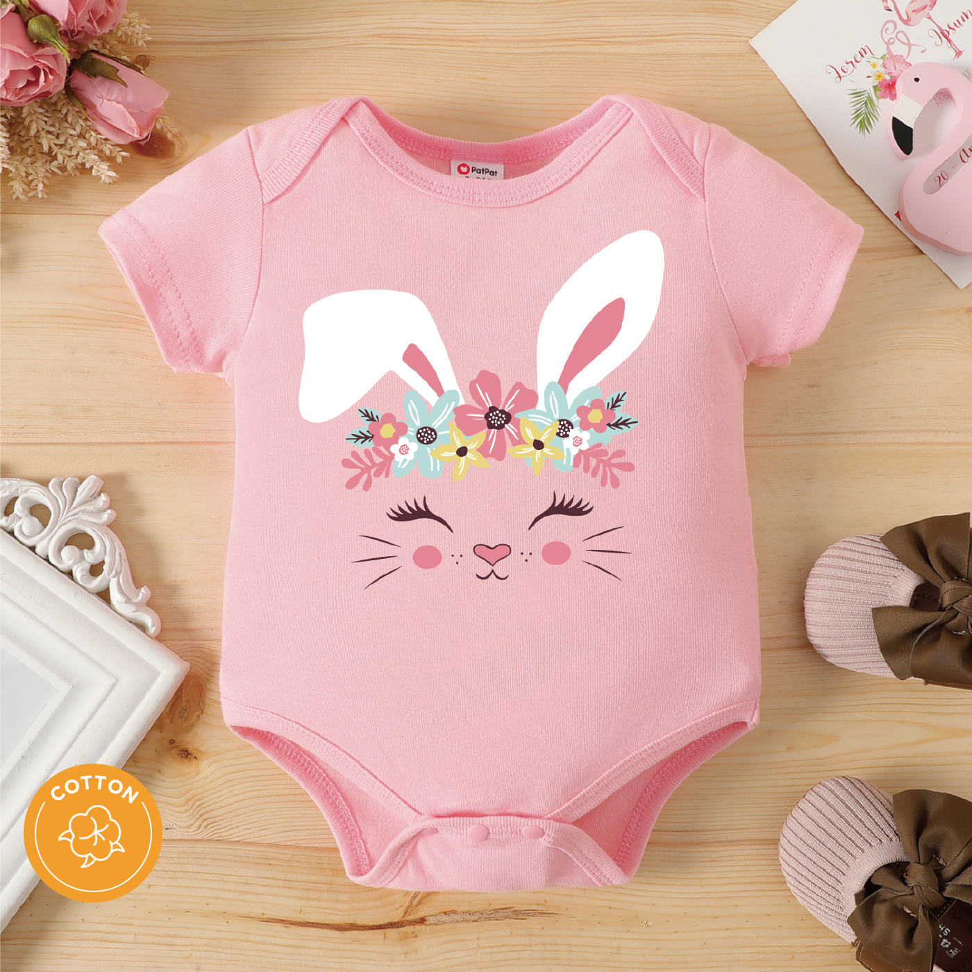 

100% Cotton Baby Girl Cartoon Rabbit Print Pink Short-sleeve Romper