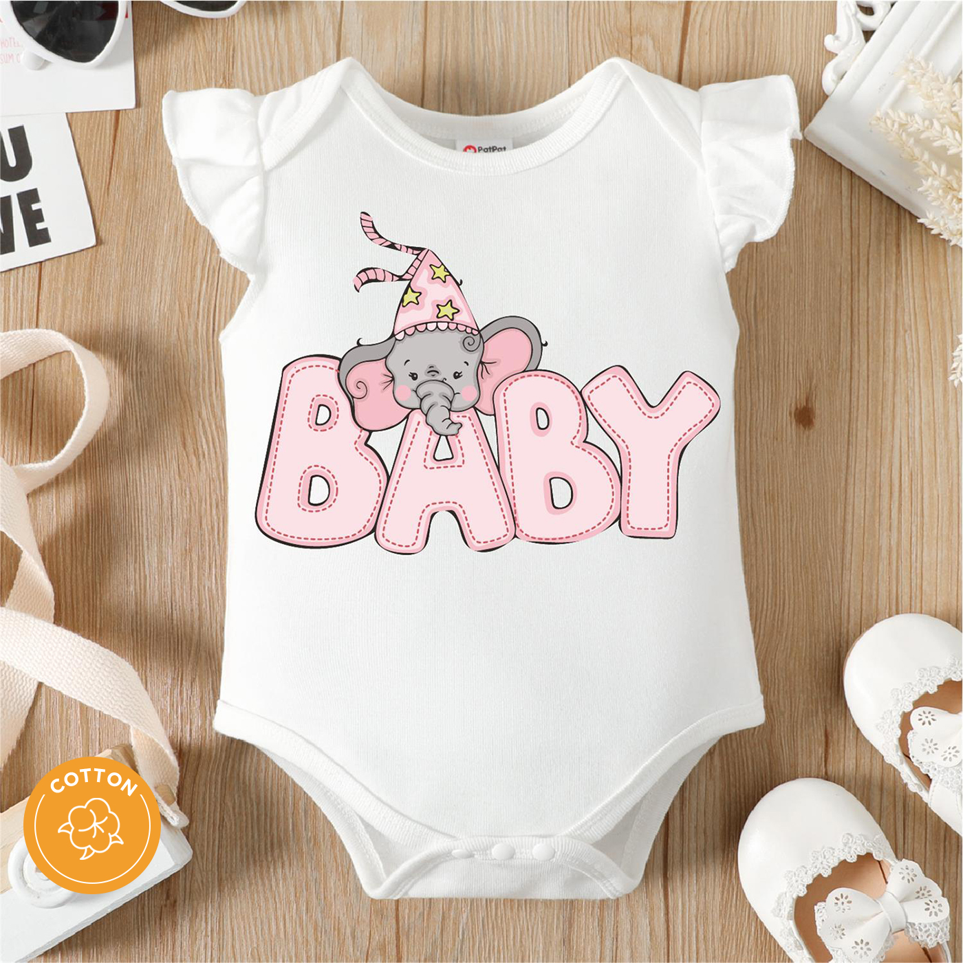

100% Cotton Baby Girl Cartoon Elephant and Letter Print White Flutter-sleeve Romper