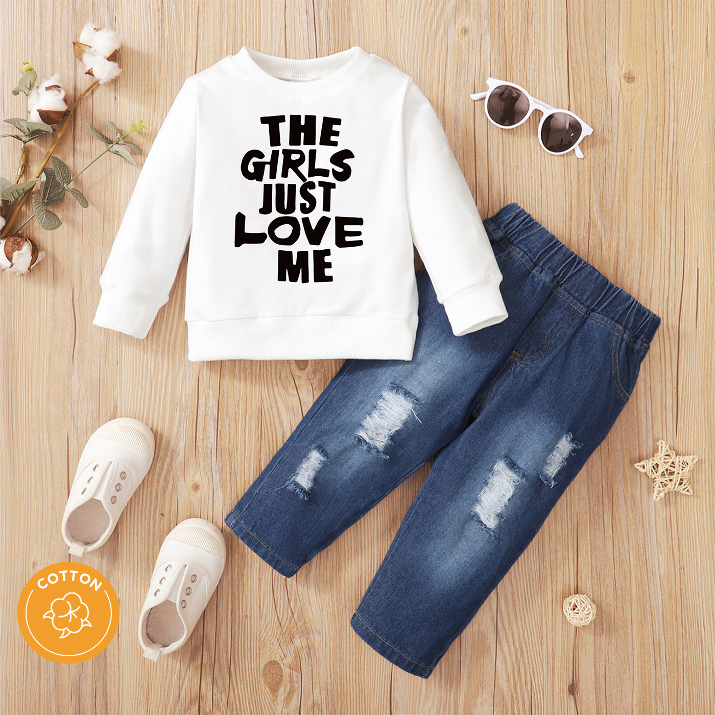 

2pcs Baby Boy 95% Cotton Long-sleeve Letter Print Sweatshirt and Ripped Jeans Set