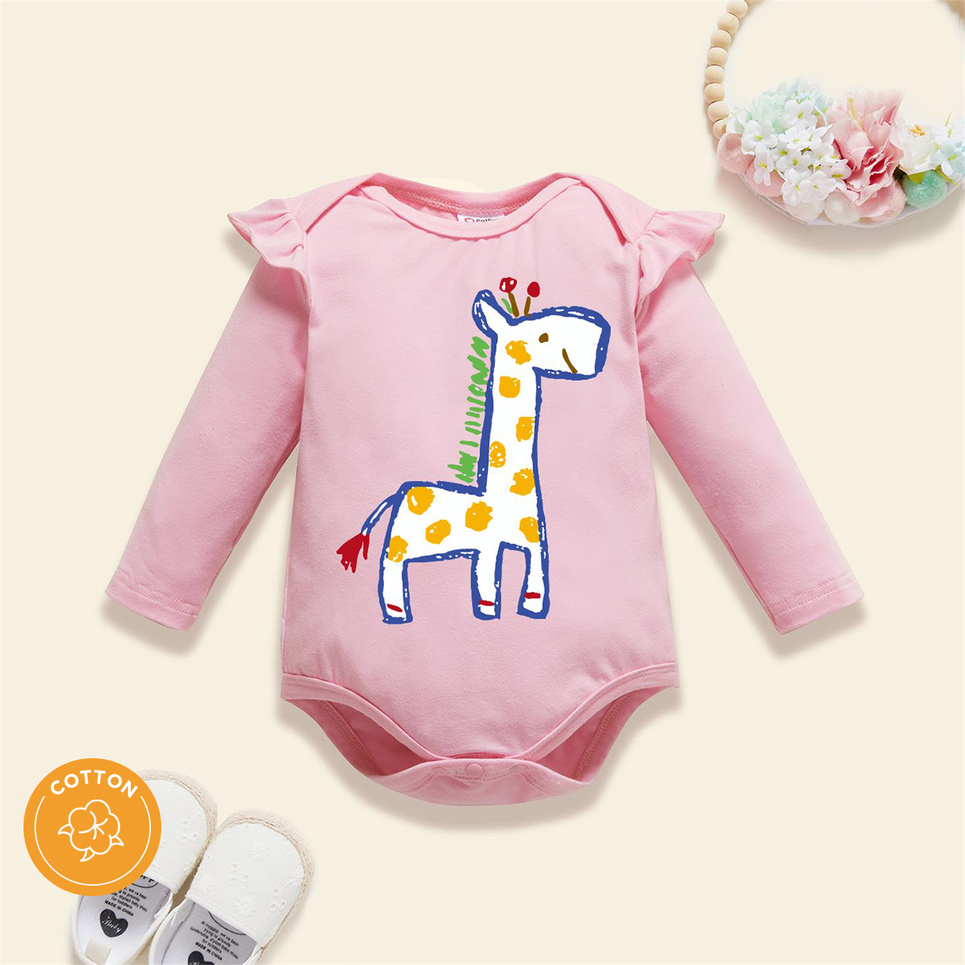 

Baby Girl 95% Cotton Ruffle Long-sleeve Graphic Light Pink Romper