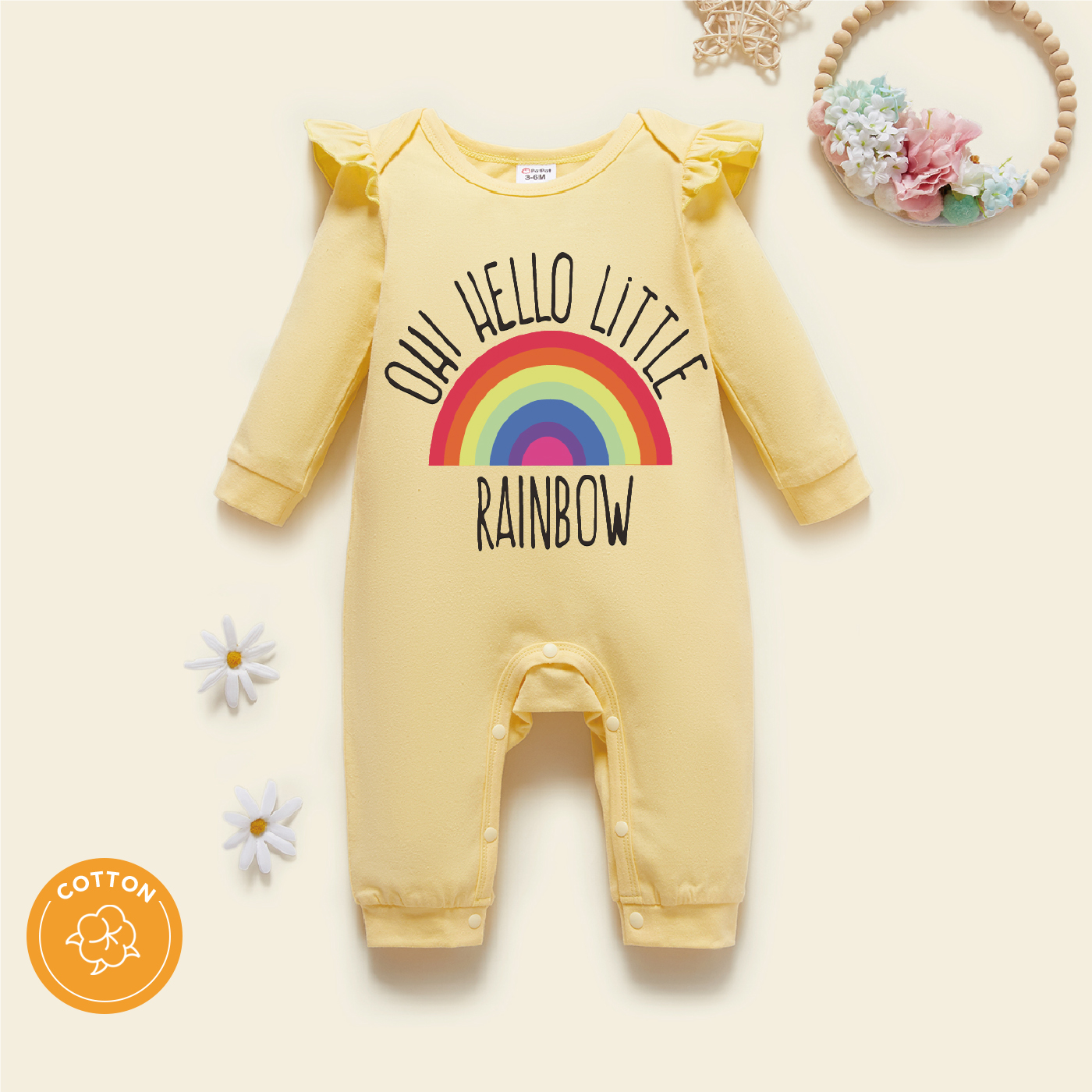 

Baby Girl 95% Cotton Ruffle Long-sleeve Rainbow and Letter Print Jumpsuit