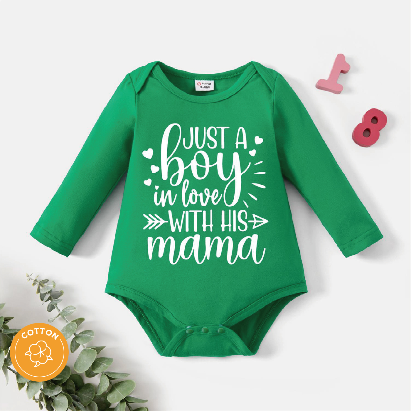 

Baby Boy 95% Cotton Long-sleeve Graphic Green Romper