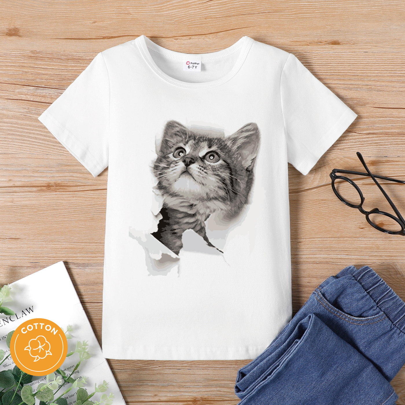 

Kid Girl Animal Cat Print White Short-sleeve Cotton Tee