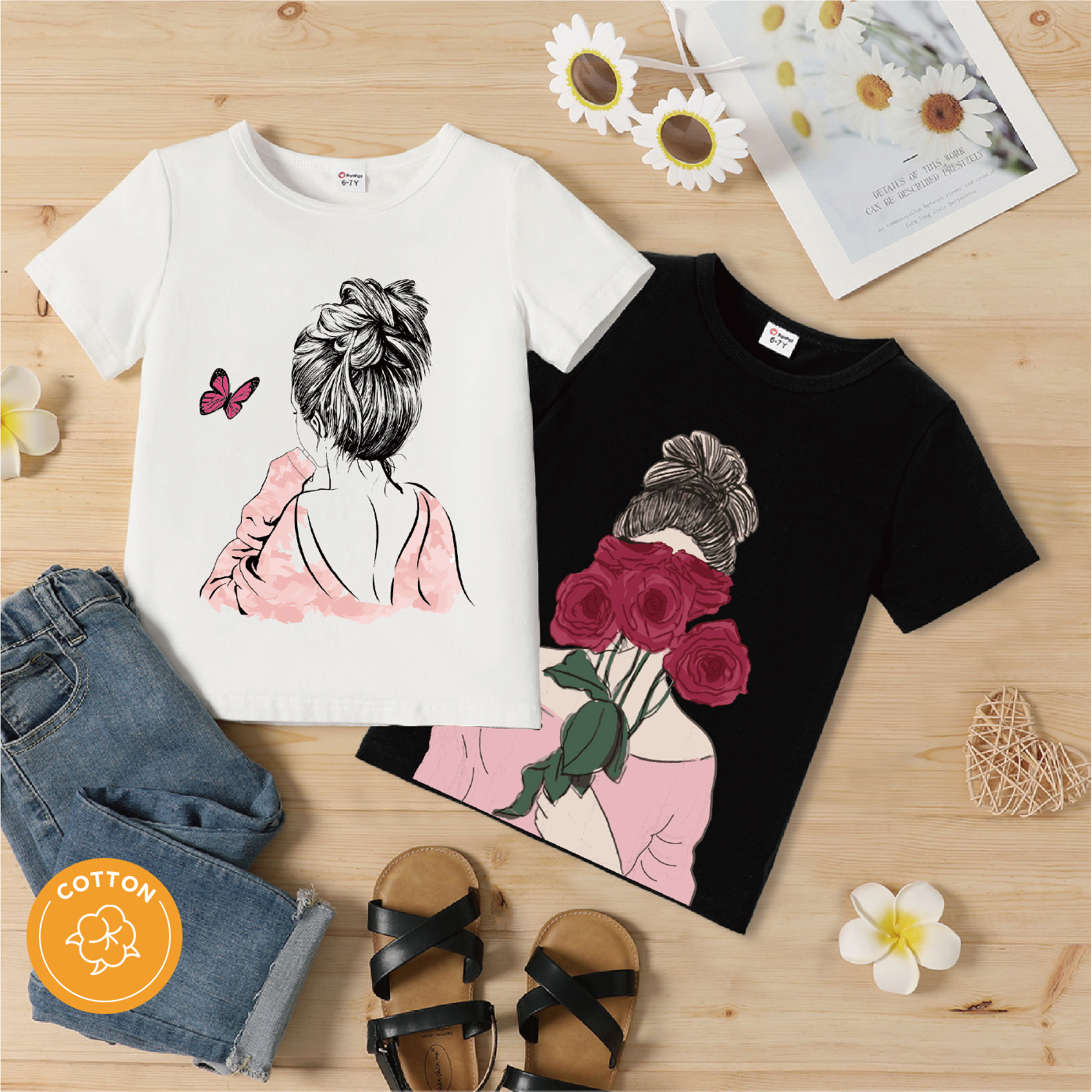 

Kid Girl Floral Cartoon Print Short-sleeve Cotton Tee