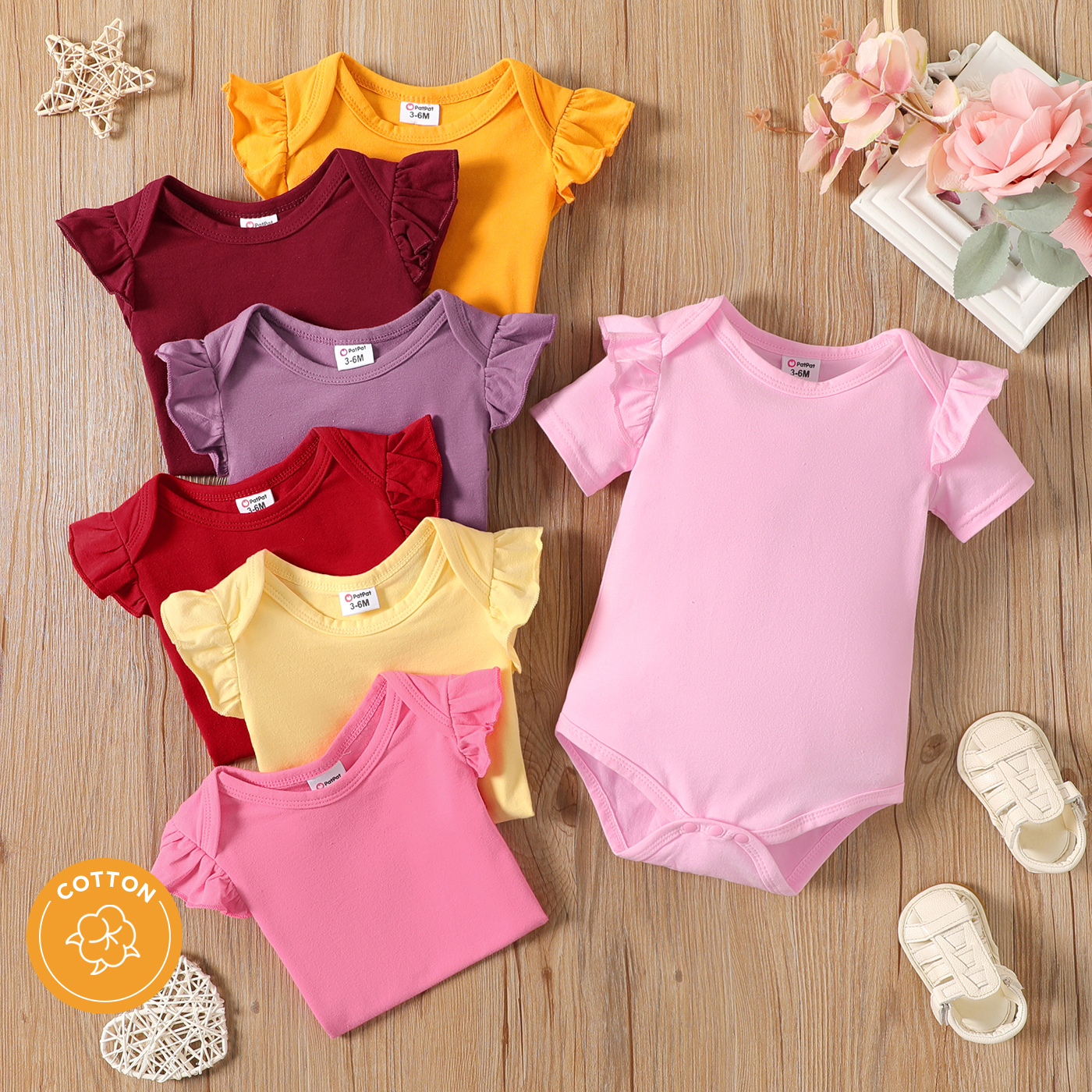 

Baby Girl 95% Cotton Ruffle Short-sleeve Solid Romper