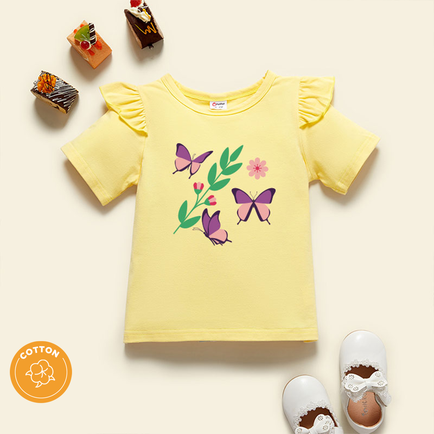 

Toddler Girl Graphic Butterfly and Floral Print Ruffled Short-sleeve Tee