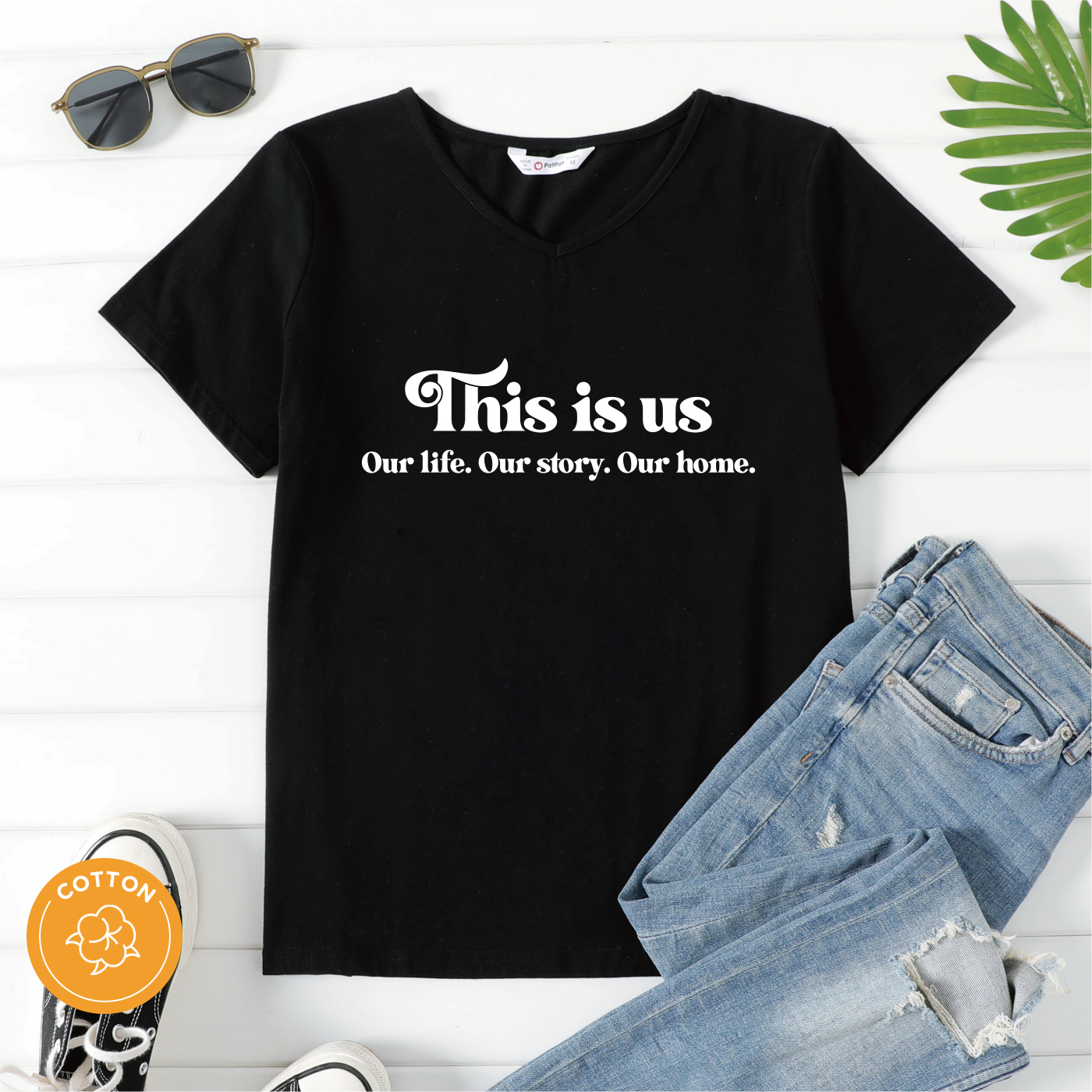 

Women Graphic Letter Print V Neck Short-sleeve T-shirt