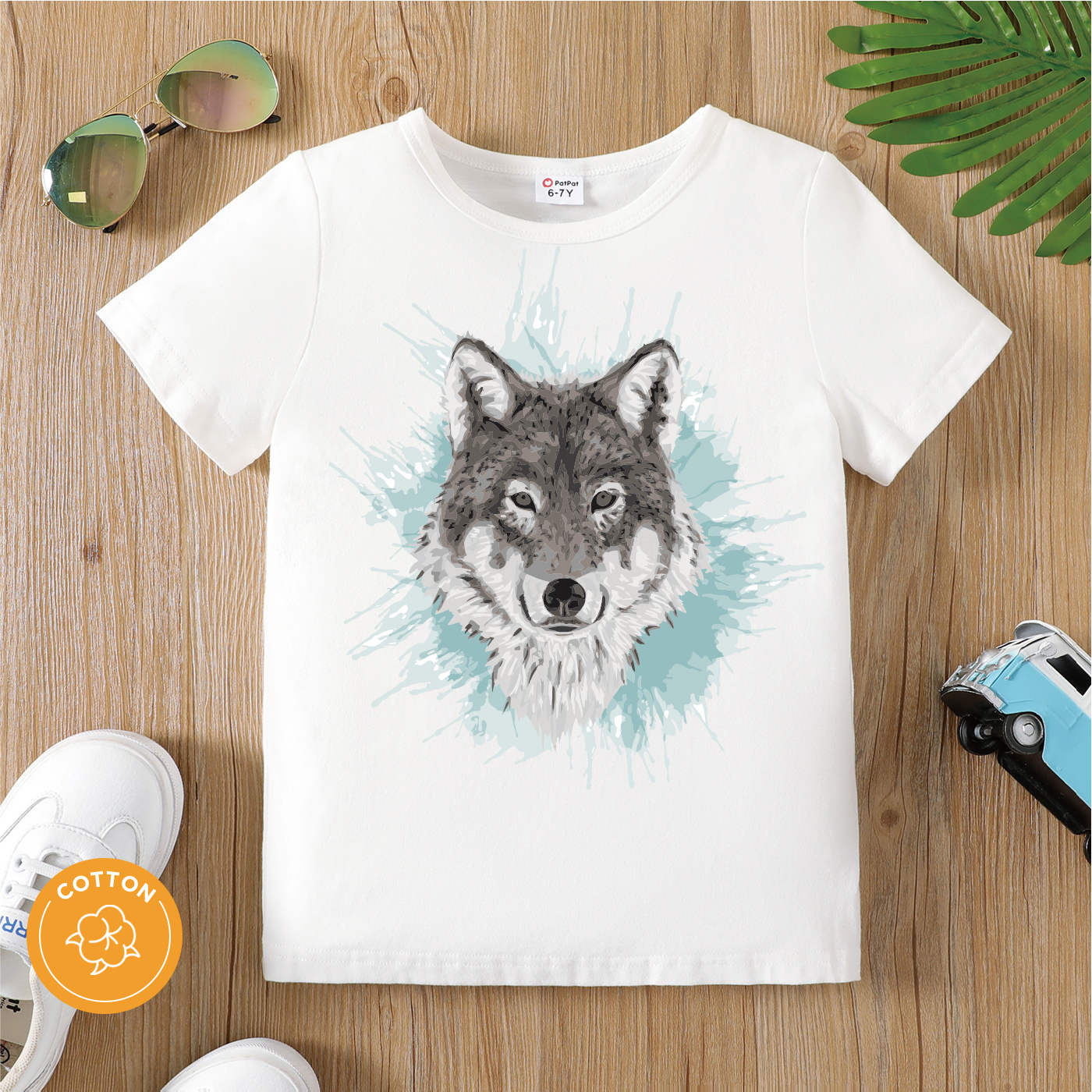 

Kid Boy Animal Wolf Print Short-sleeve White Cotton Tee
