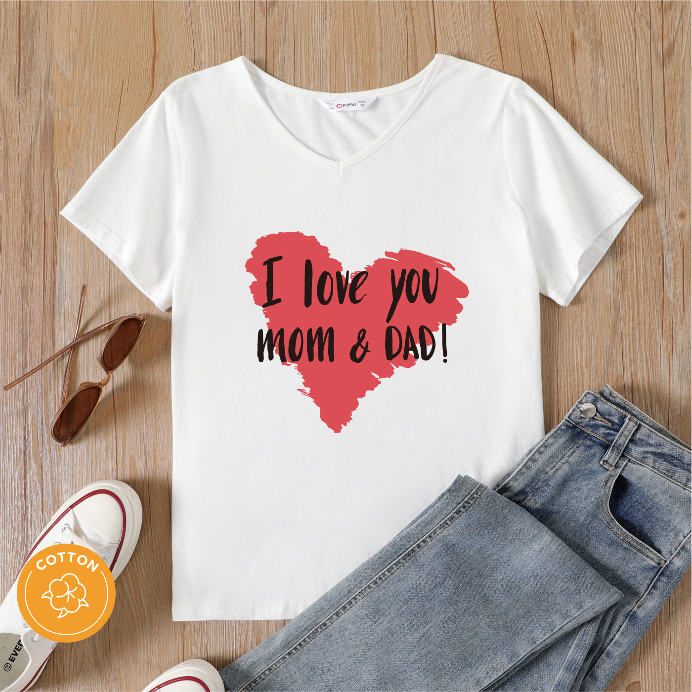 

Women Graphic Red Heart Letter Print V Neck Short-sleeve T-shirt