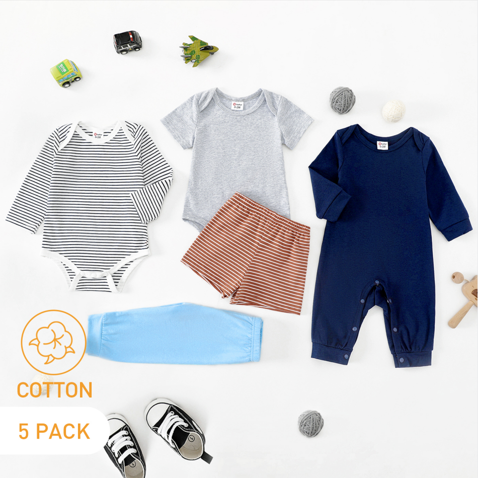 

5-Pack Baby Cotton Solid Color & Striped Romper Jumpsuit Pants Set