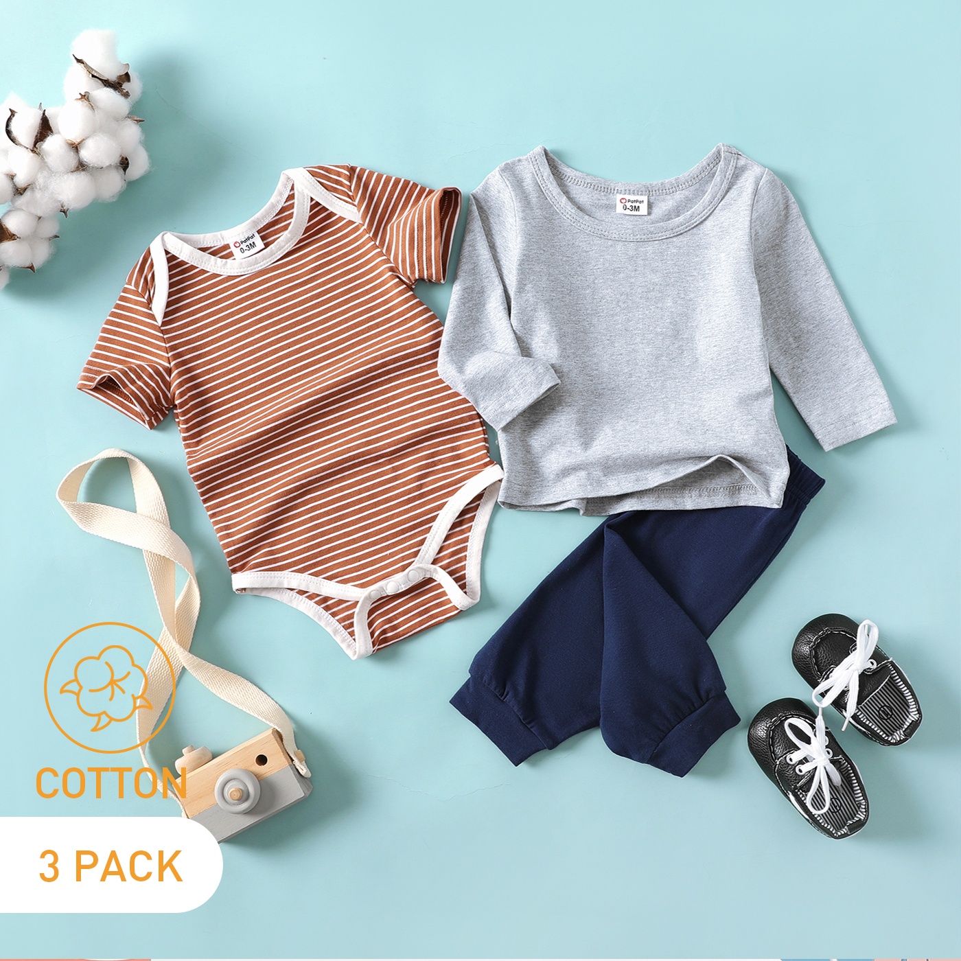 

3-Pack Baby Cotton Solid Color & Striped Romper Tee Pants Set