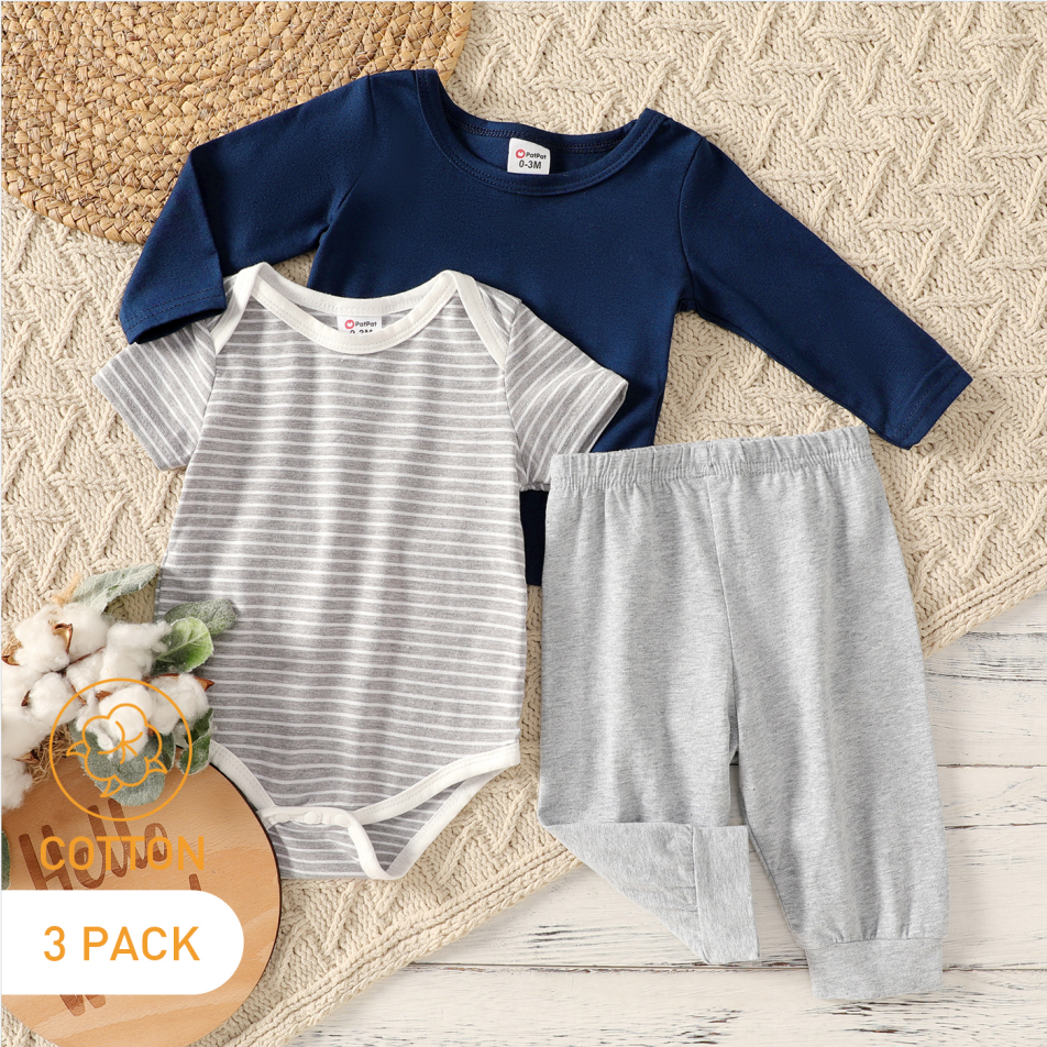 

3-Pack Baby Cotton Solid Color & Striped Romper Tee Pants Set