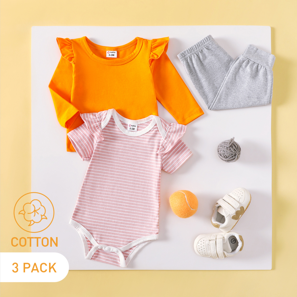 

3-Pack Baby Cotton Solid Color & Striped Romper Tee Pants Set