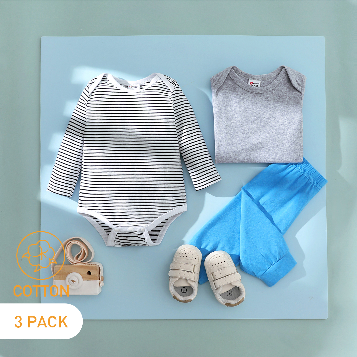 

3-Pack Baby Cotton Solid Color & Striped Romper Jumpsuit Pants Set