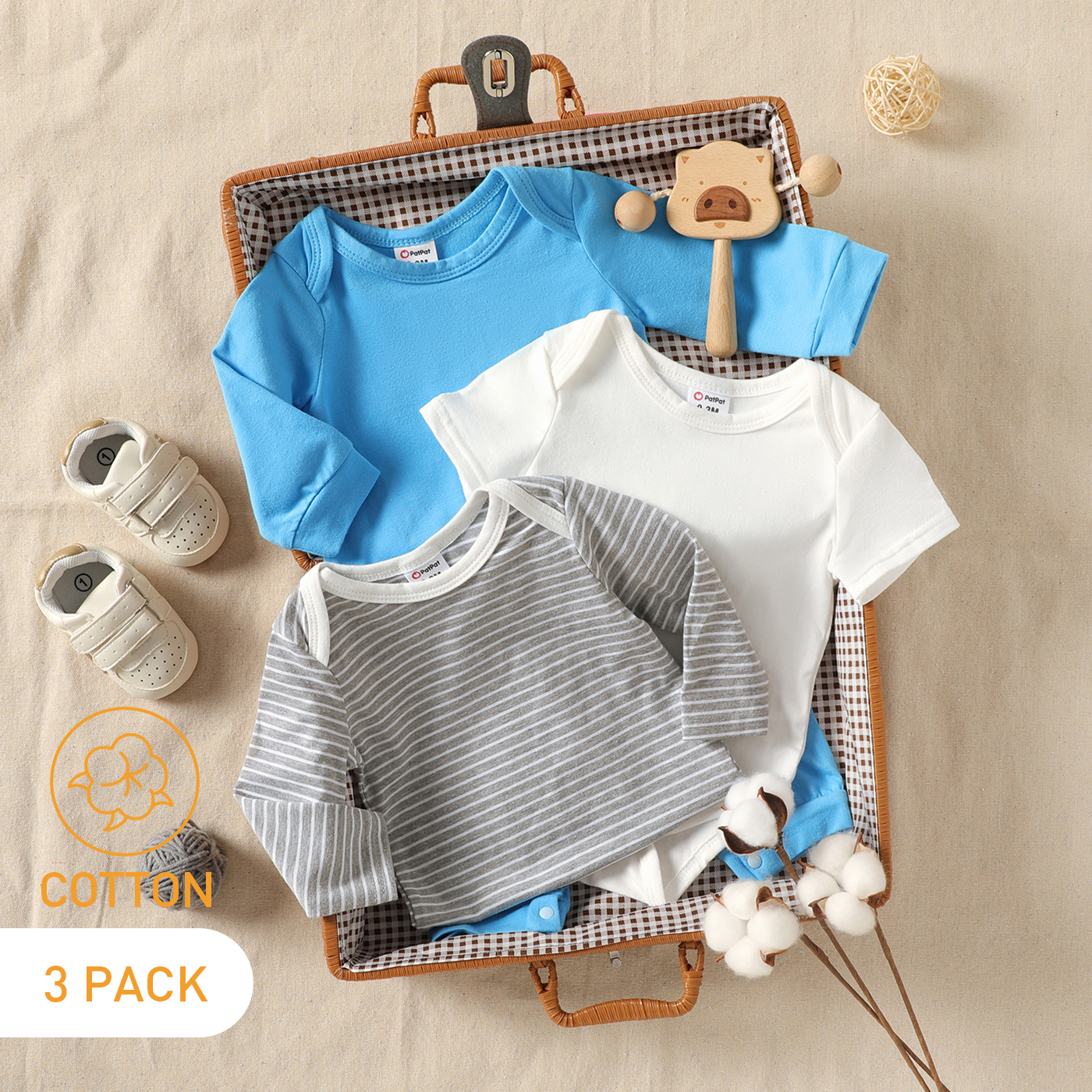 

3-Pack Baby Cotton Solid Color & Striped Romper Jumpsuit Set
