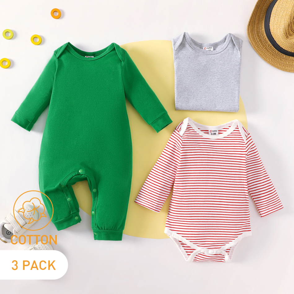 

3-Pack Baby Cotton Solid Color & Striped Romper Jumpsuit Set