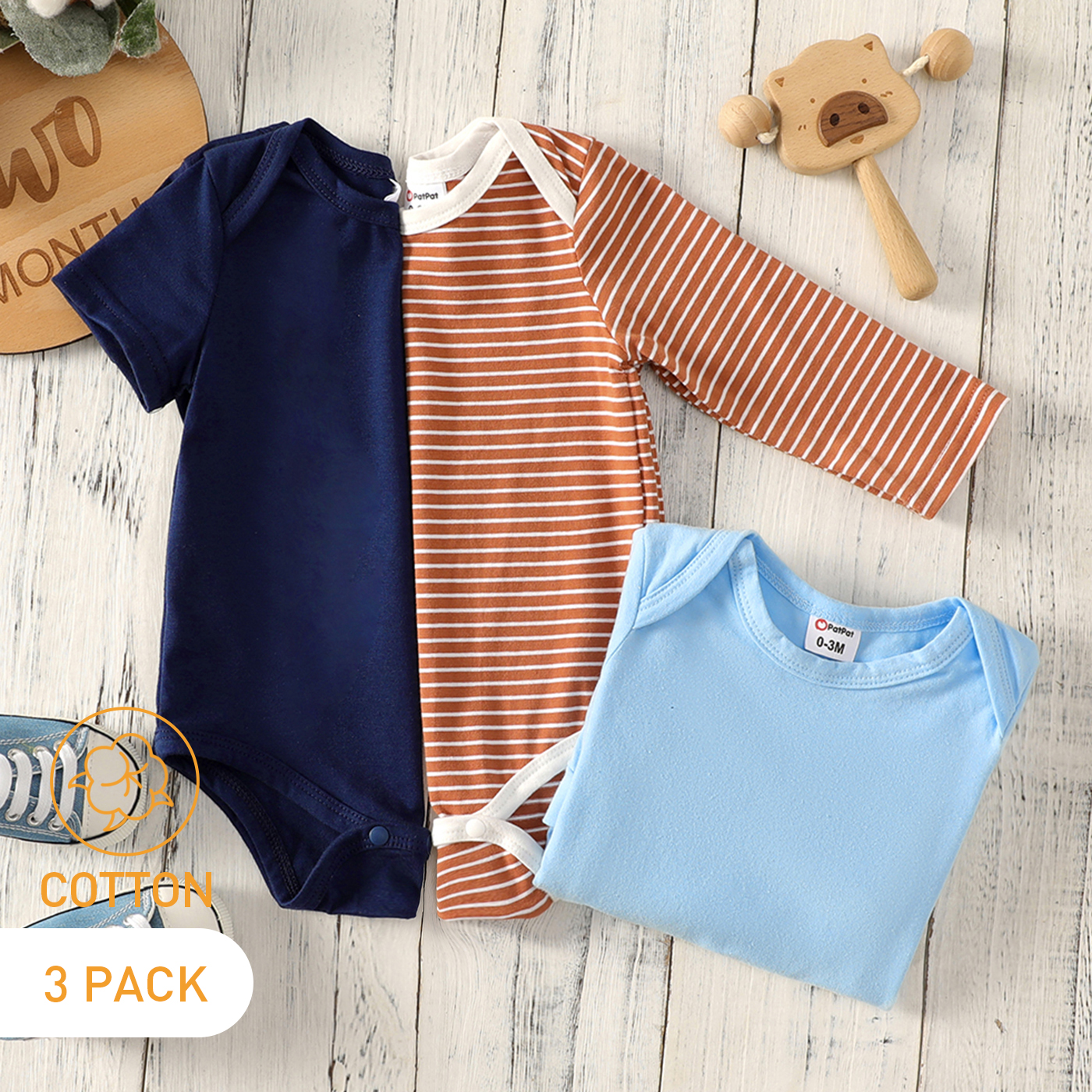 

3-Pack Baby Cotton Solid Color & Striped Romper Jumpsuit Set