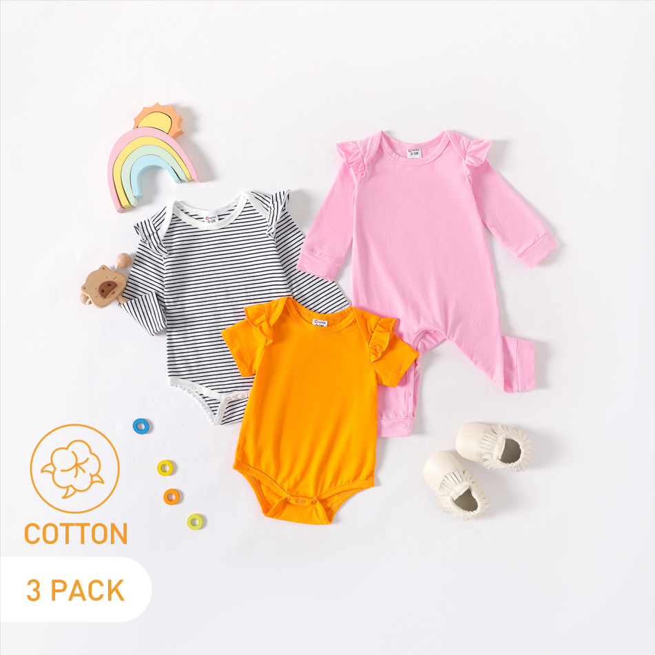

3-Pack Baby Cotton Solid Color & Striped Romper Jumpsuit Set