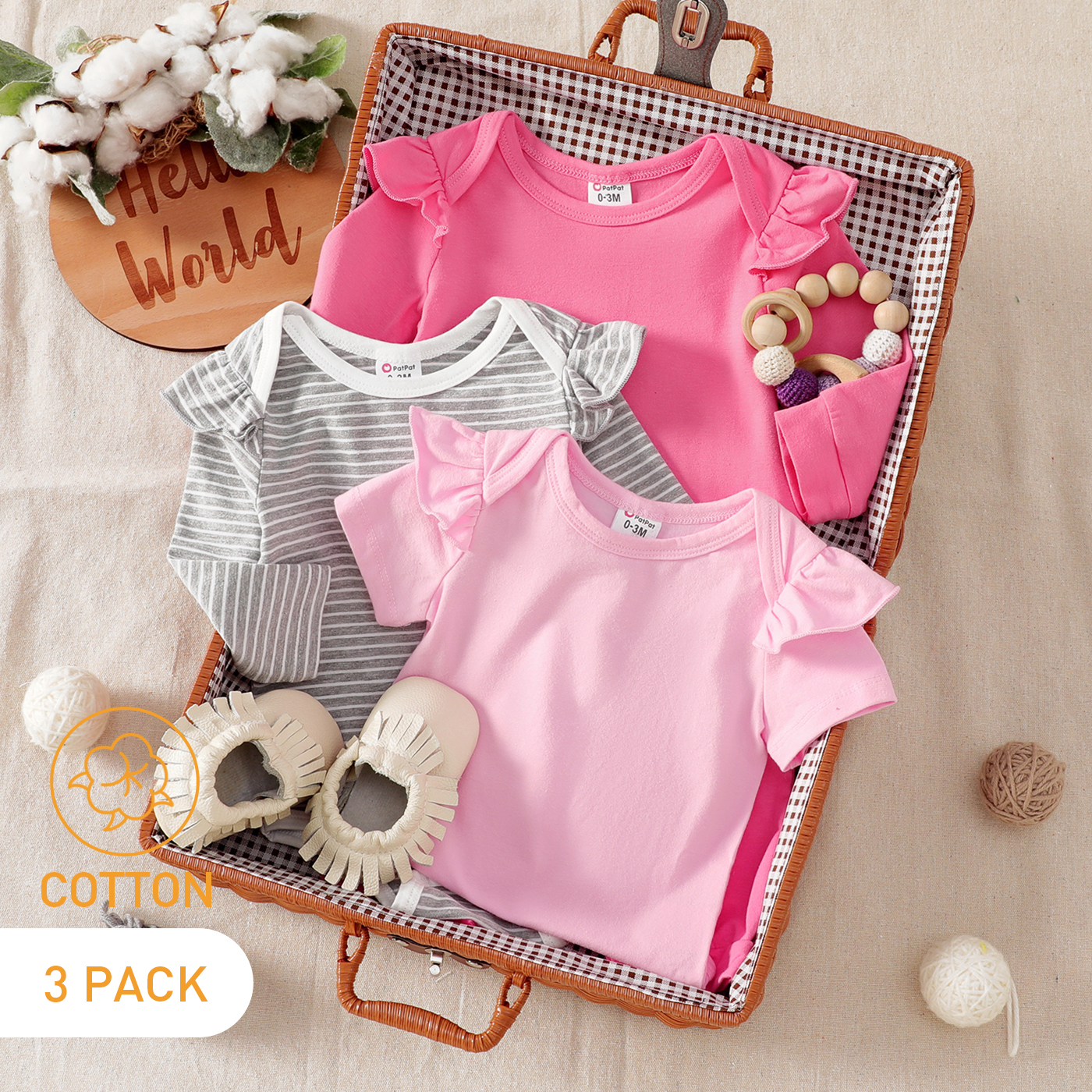 

3-Pack Baby Cotton Solid Color & Striped Romper Jumpsuit Set