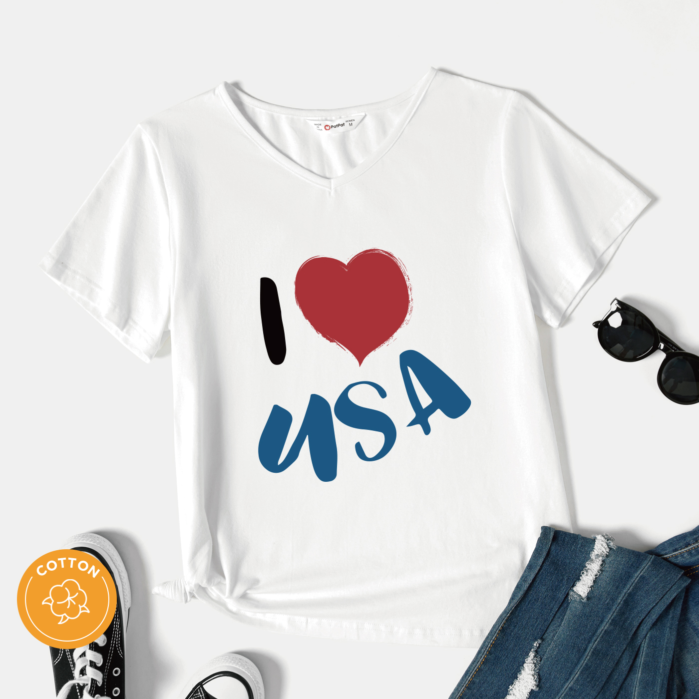 

Women Graphic Heart and Letter Print V Neck Short-sleeve White T-shirt