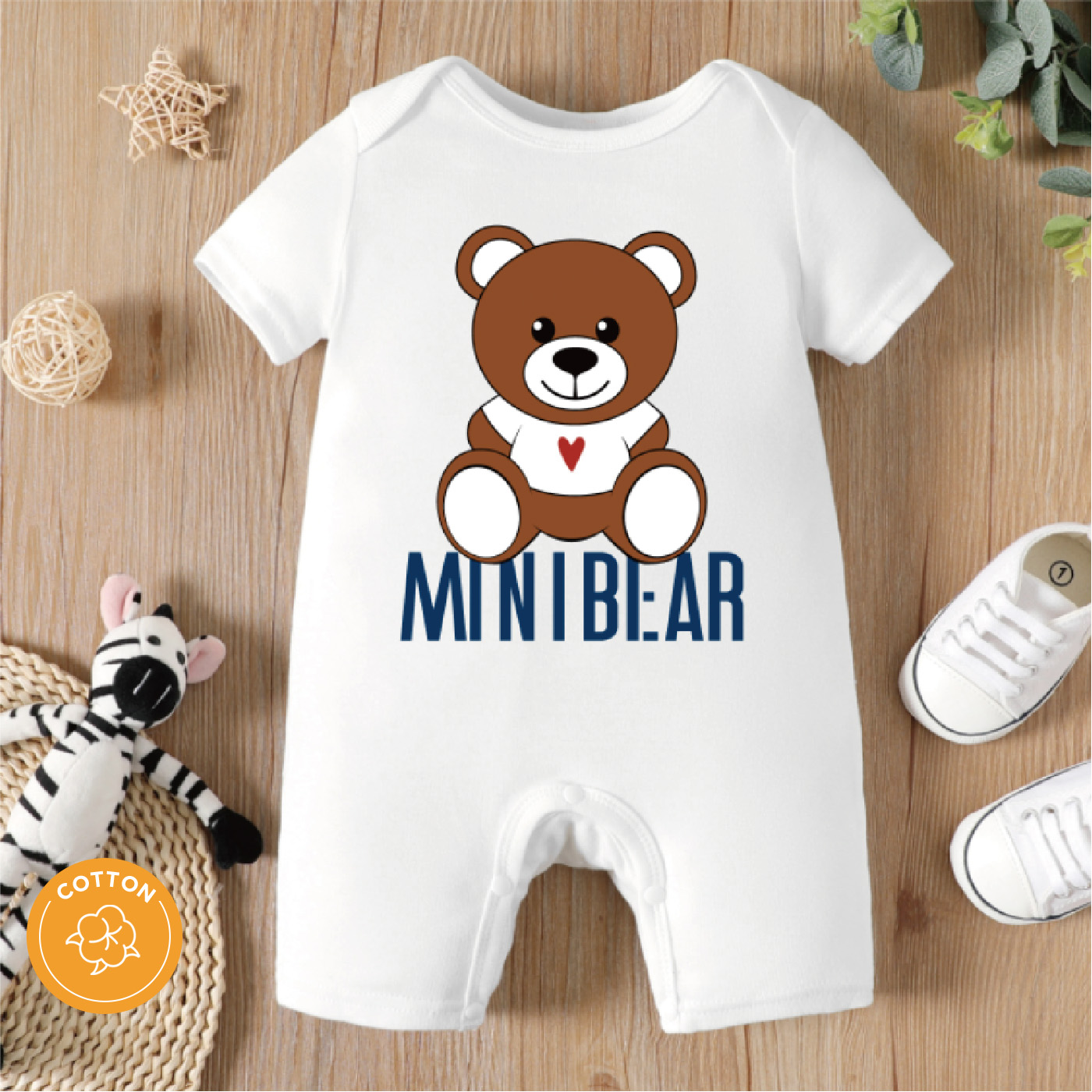 

100% Cotton Baby Boy/Girl Cartoon Bear and Letter Print White Short-sleeve Romper