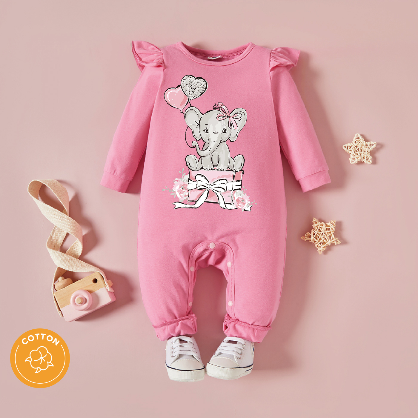 

Baby Girl Cartoon Elephant Print Pink Ruffle Long-sleeve Jumpsuit