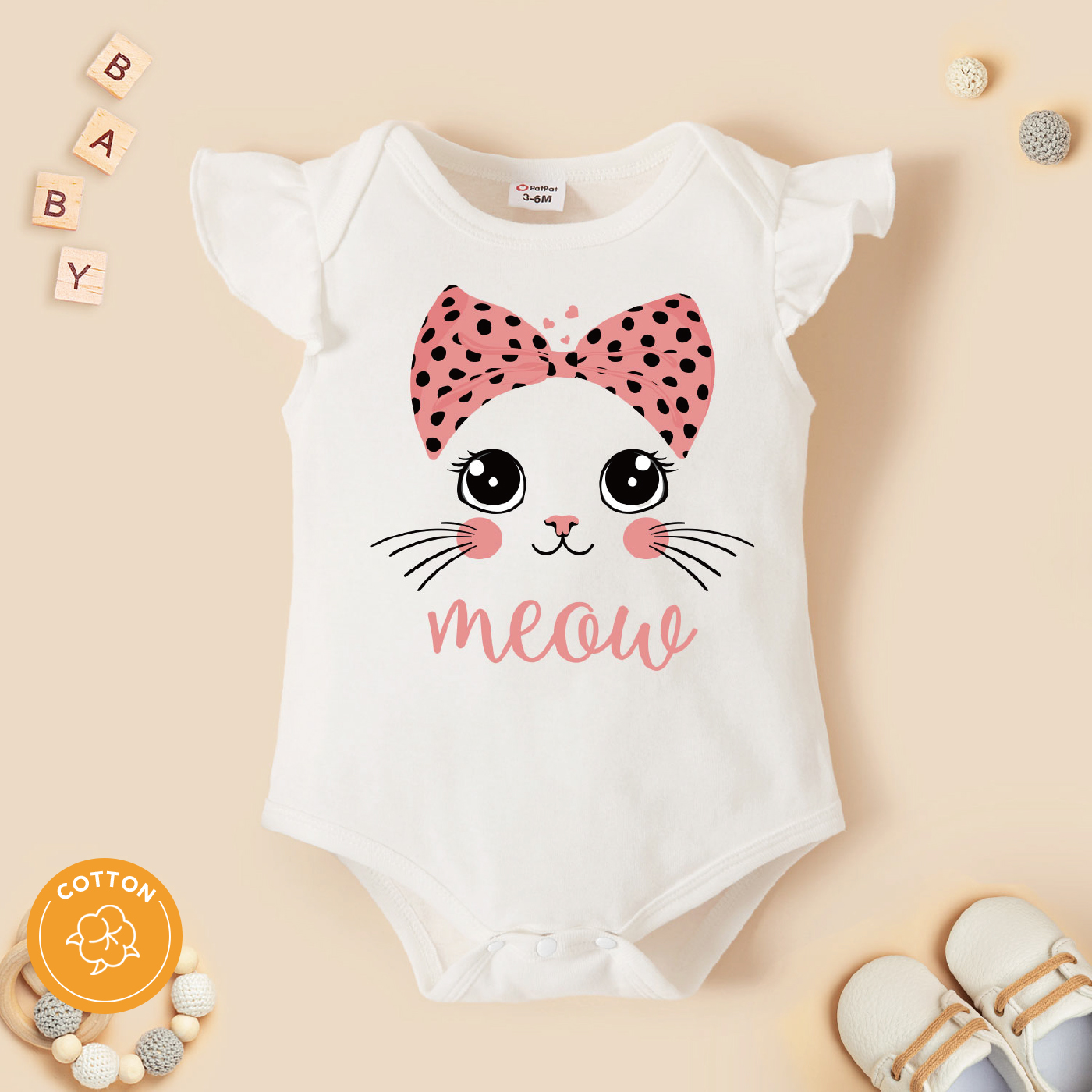 

100% Cotton Baby Girl Cartoon Cat and Letter Print White Flutter-sleeve Romper