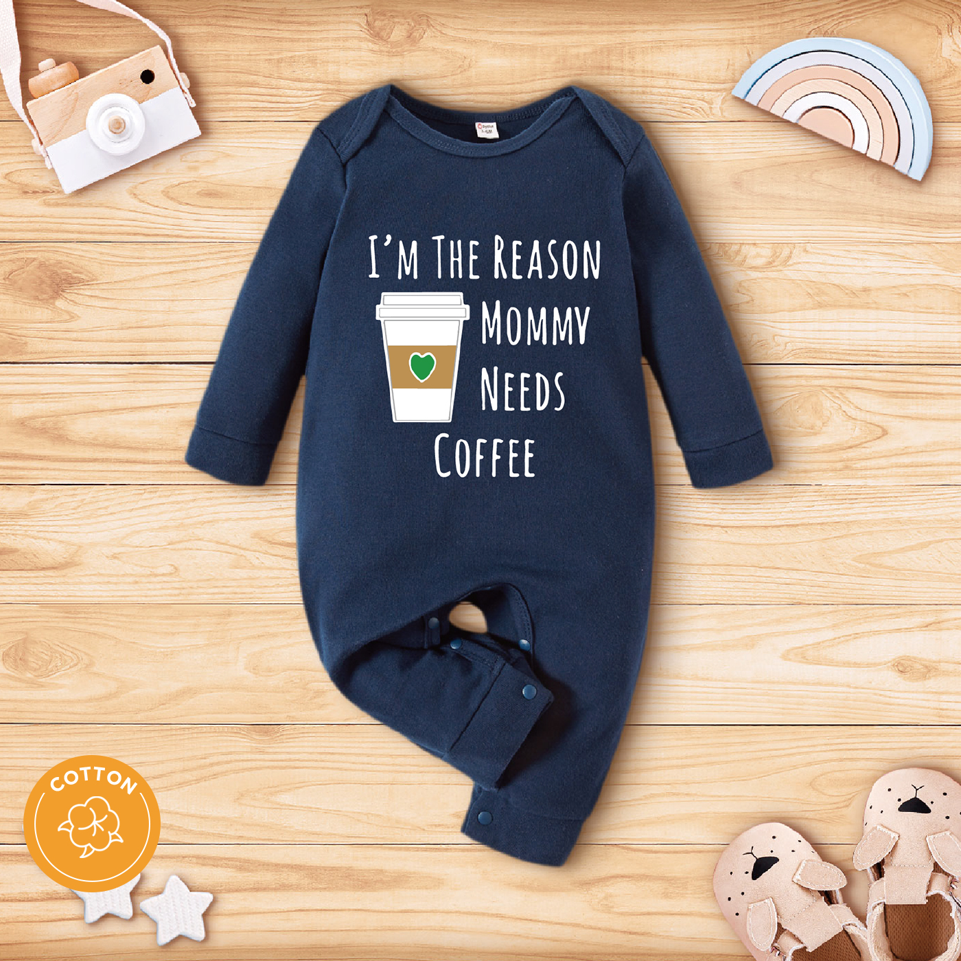 

100% Cotton Baby Boy/Girl Coffee Cup and Letter Print Long-sleeve Jumpsuit
