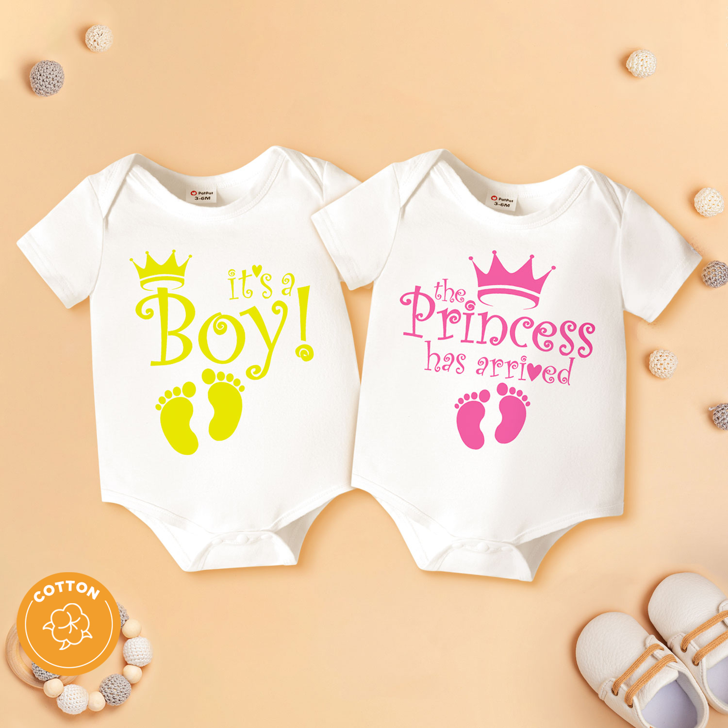 

Baby Boy/Girl Crown Footprint Letter Print White Short-sleeve Romper