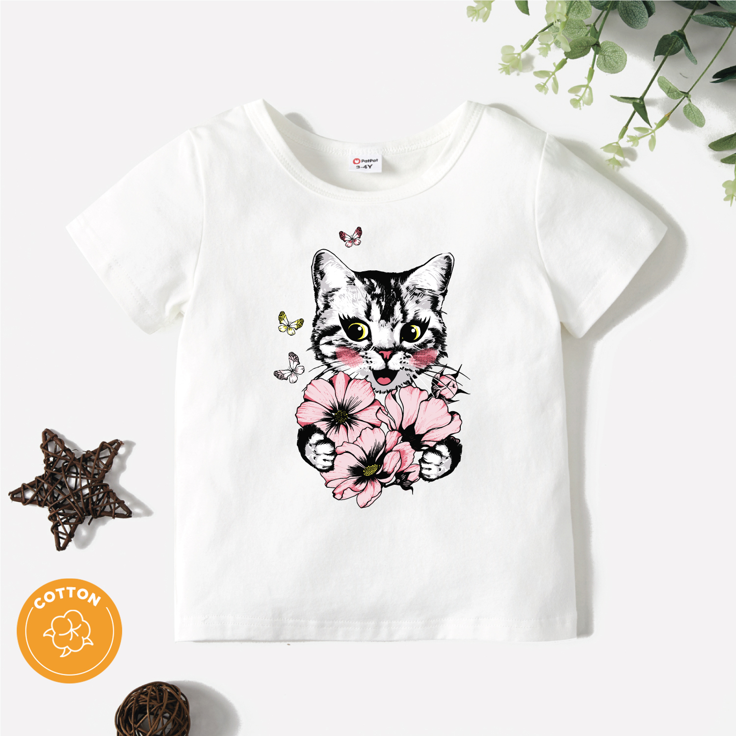 

Toddler Girl Animal Cat Print White Short-sleeve Tee
