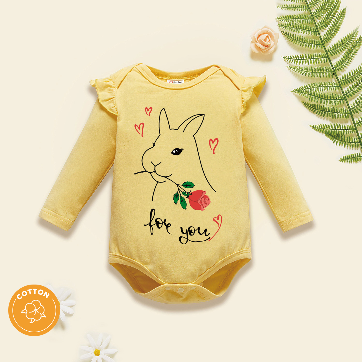 

Baby Girl 95% Cotton Ruffle Long-sleeve Graphic Beige Romper