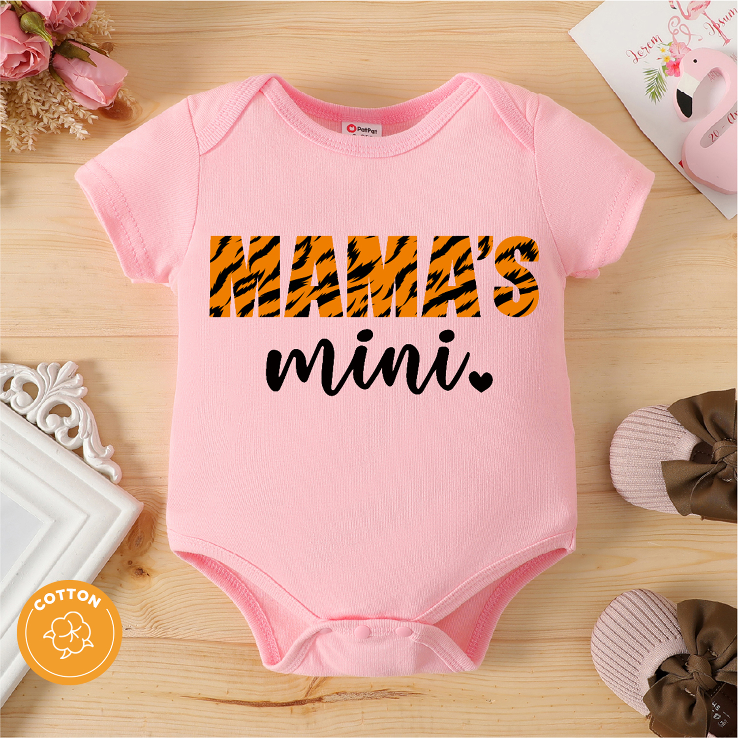 

100% Cotton Baby Girl Leopard Letter Print Pink Short-sleeve Romper