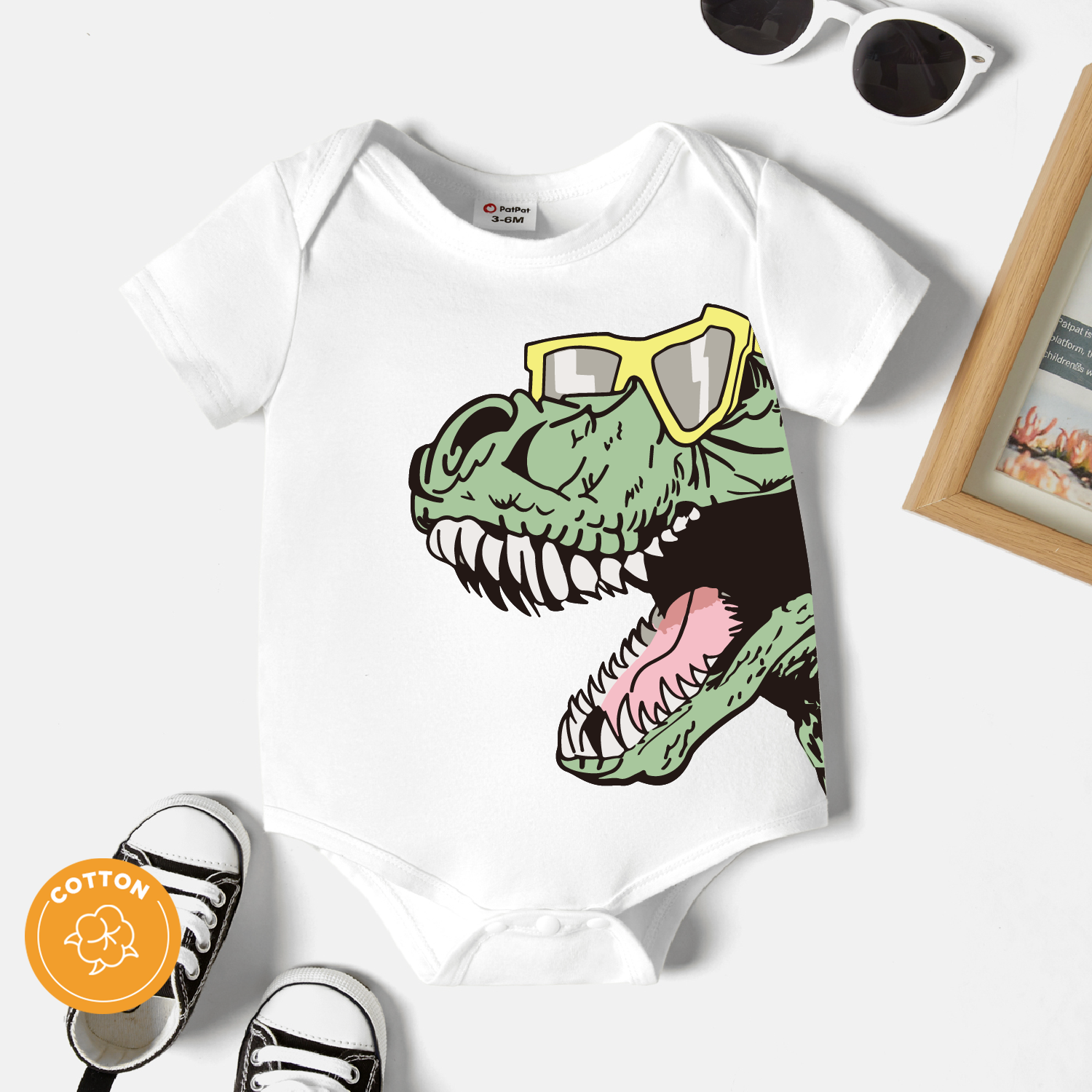 

Baby Boy 95% Cotton Short-sleeve Cartoon Sunglasses Dinosaur Print Romper