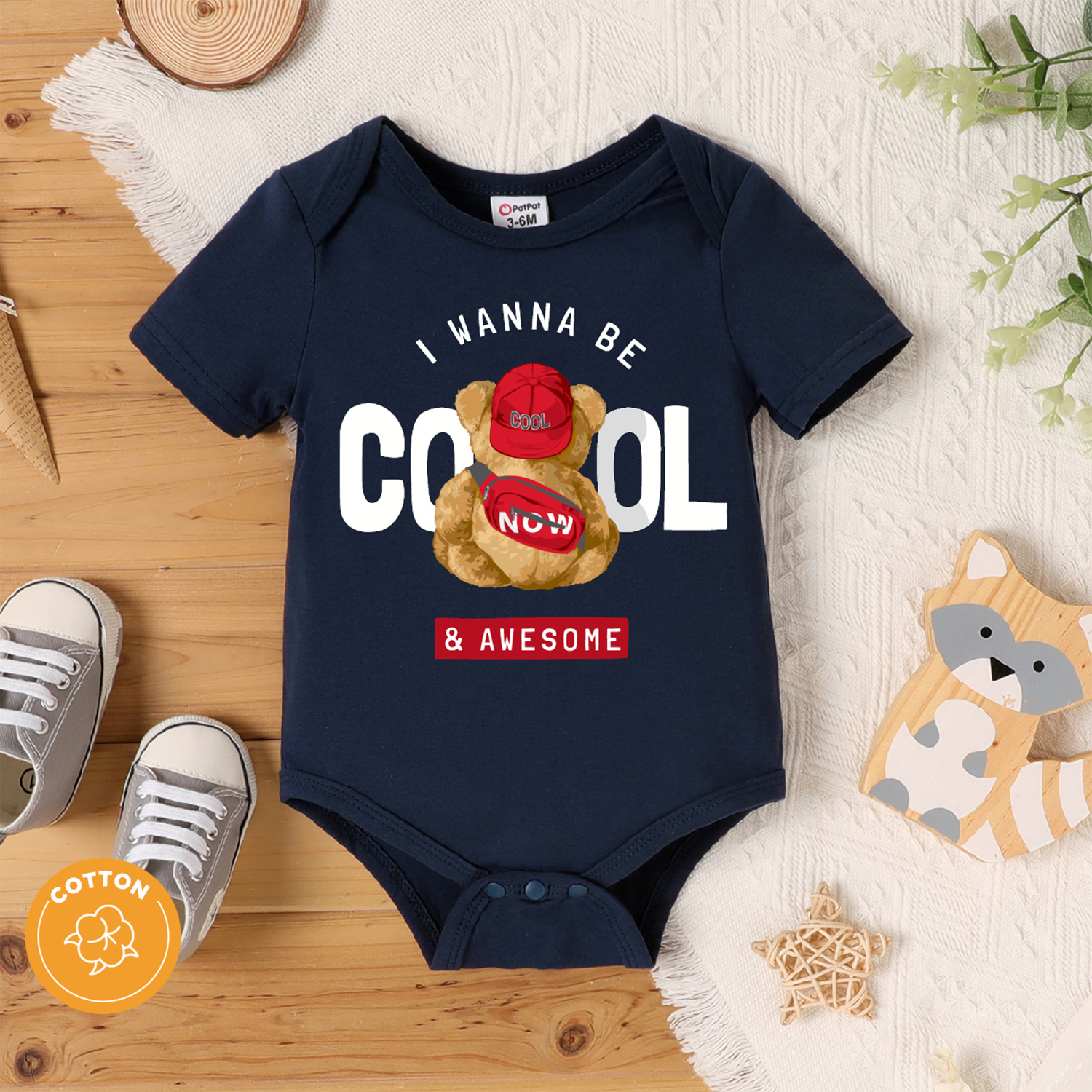 

Baby Boy 95% Cotton Short-sleeve Cartoon Bear and Letter Print Dark Blue Romper