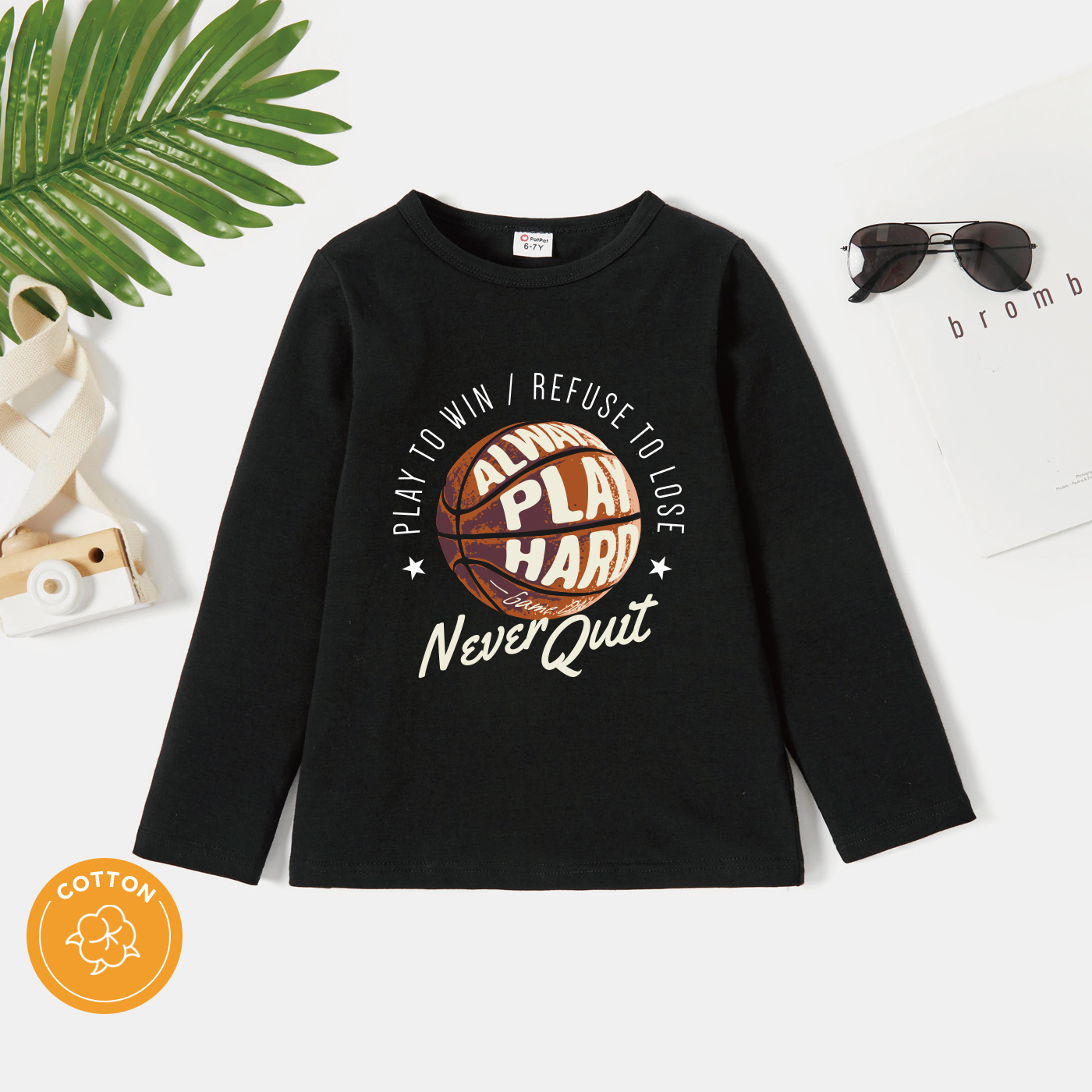 

Kids Boy Basketball Letter Print Black Long-sleeve Cotton Tee