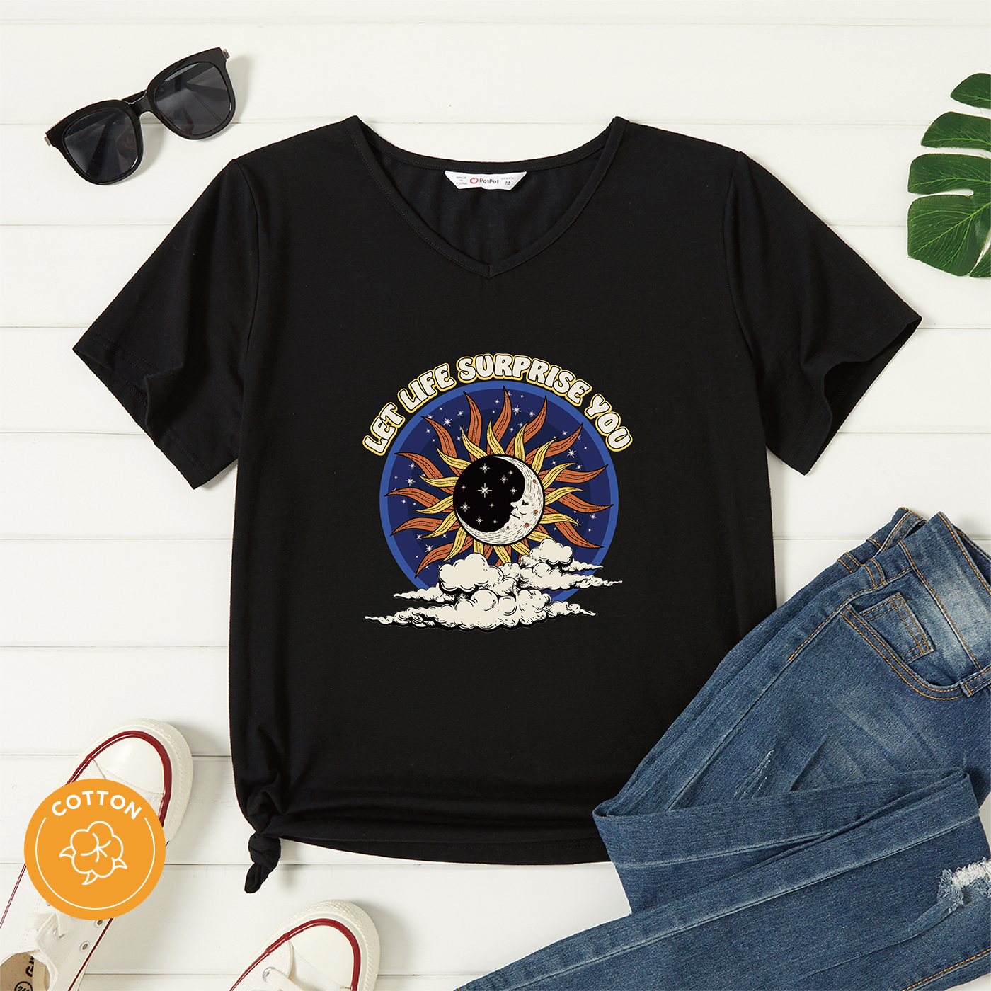 

Women Graphic Letter Moon Stars Print V Neck Short-sleeve T-shirt