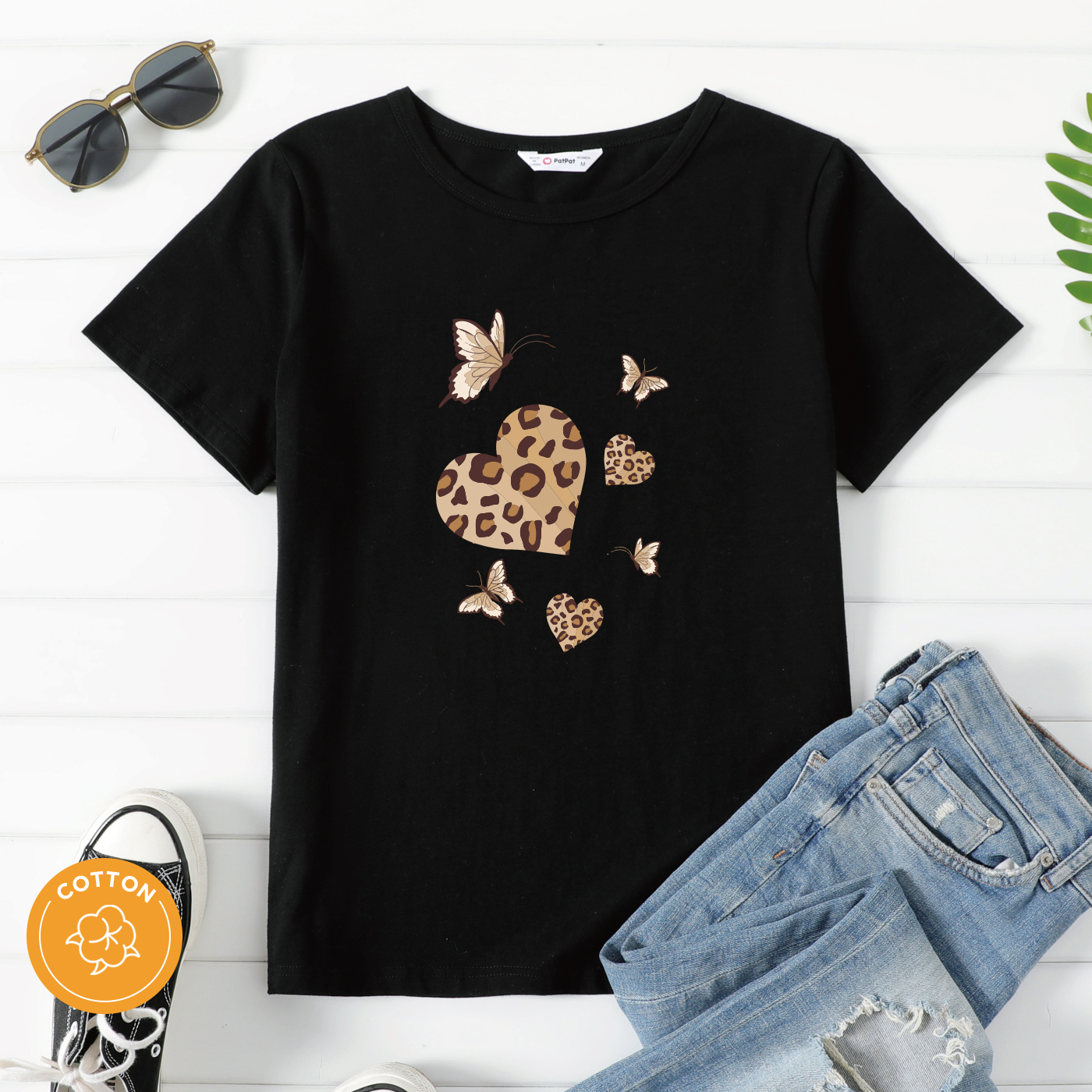 

Women Graphic Butterfly and Leopard Heart Print Round Neck Short-sleeve T-shirt