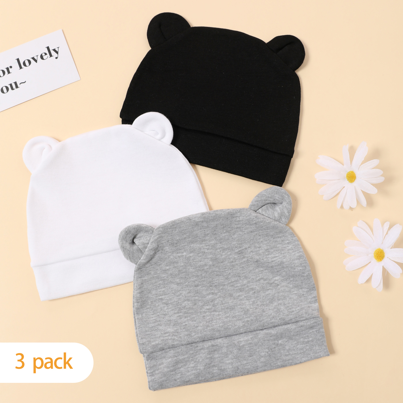 

3-pack Baby Dual Ears Solid Hat Set