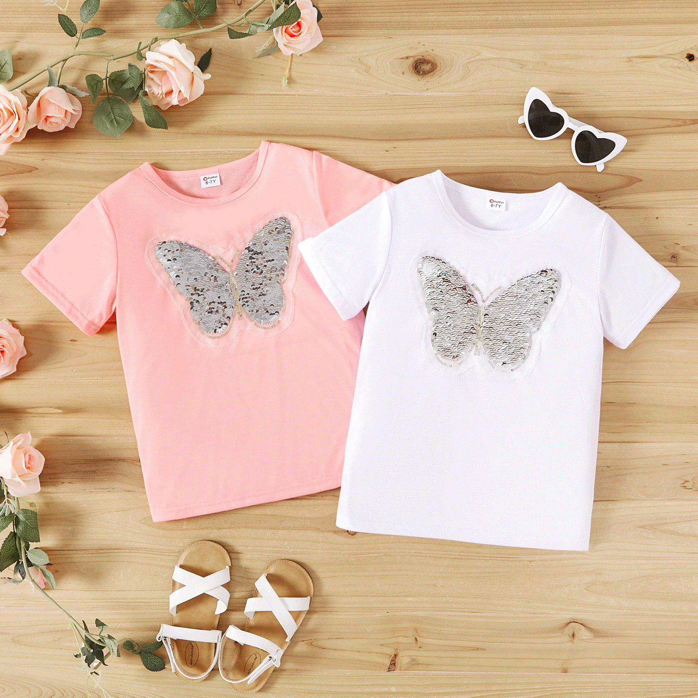 

Kid Girl Butterfly Pattern Flip Sequin Short-sleeve Tee