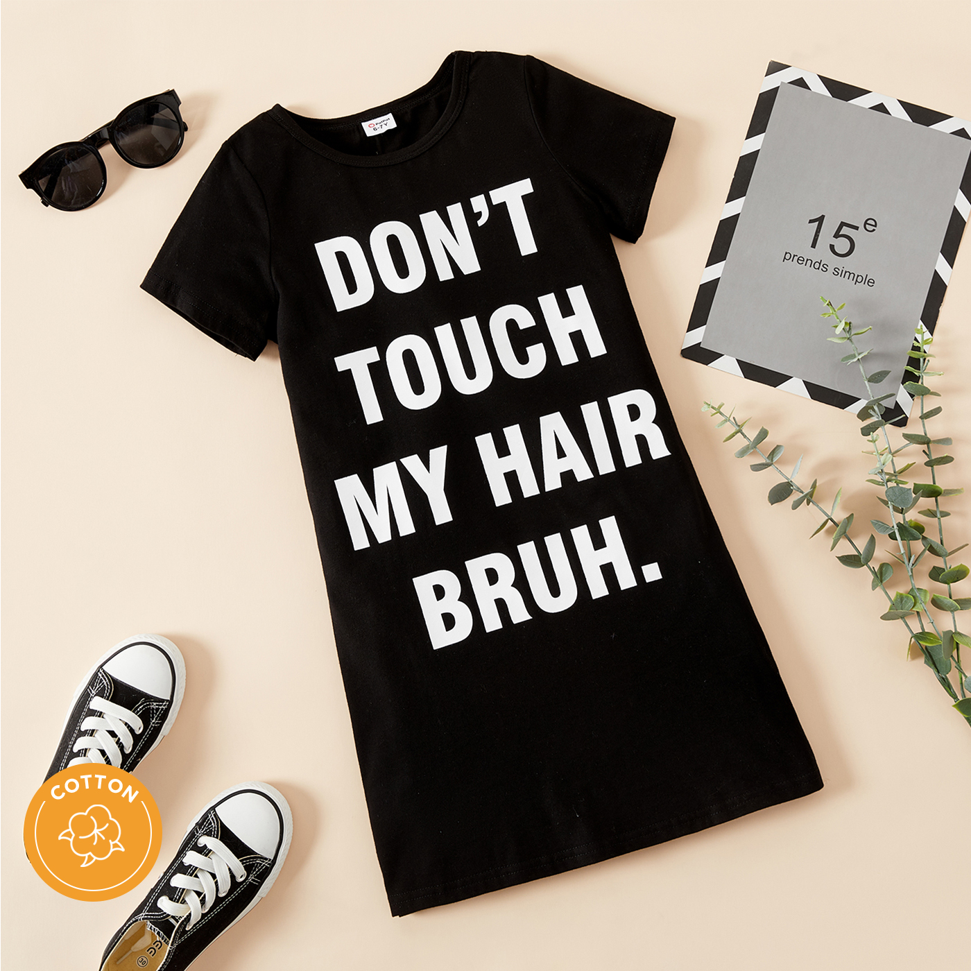 

Kid Girl 100% Cotton Letter Print Short-sleeve Black Tee Dress